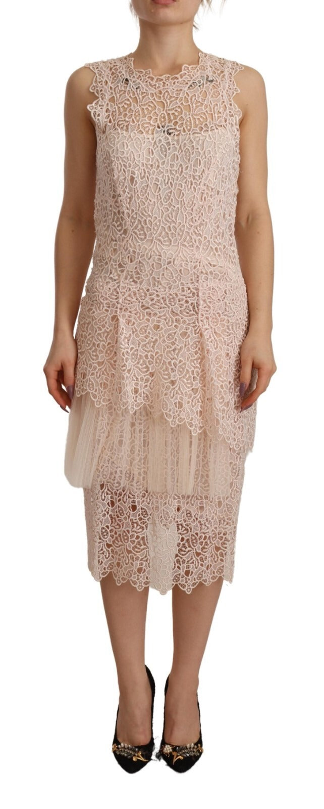 Sheath Tiered Beige Viscose Sleeveless Midi Dress