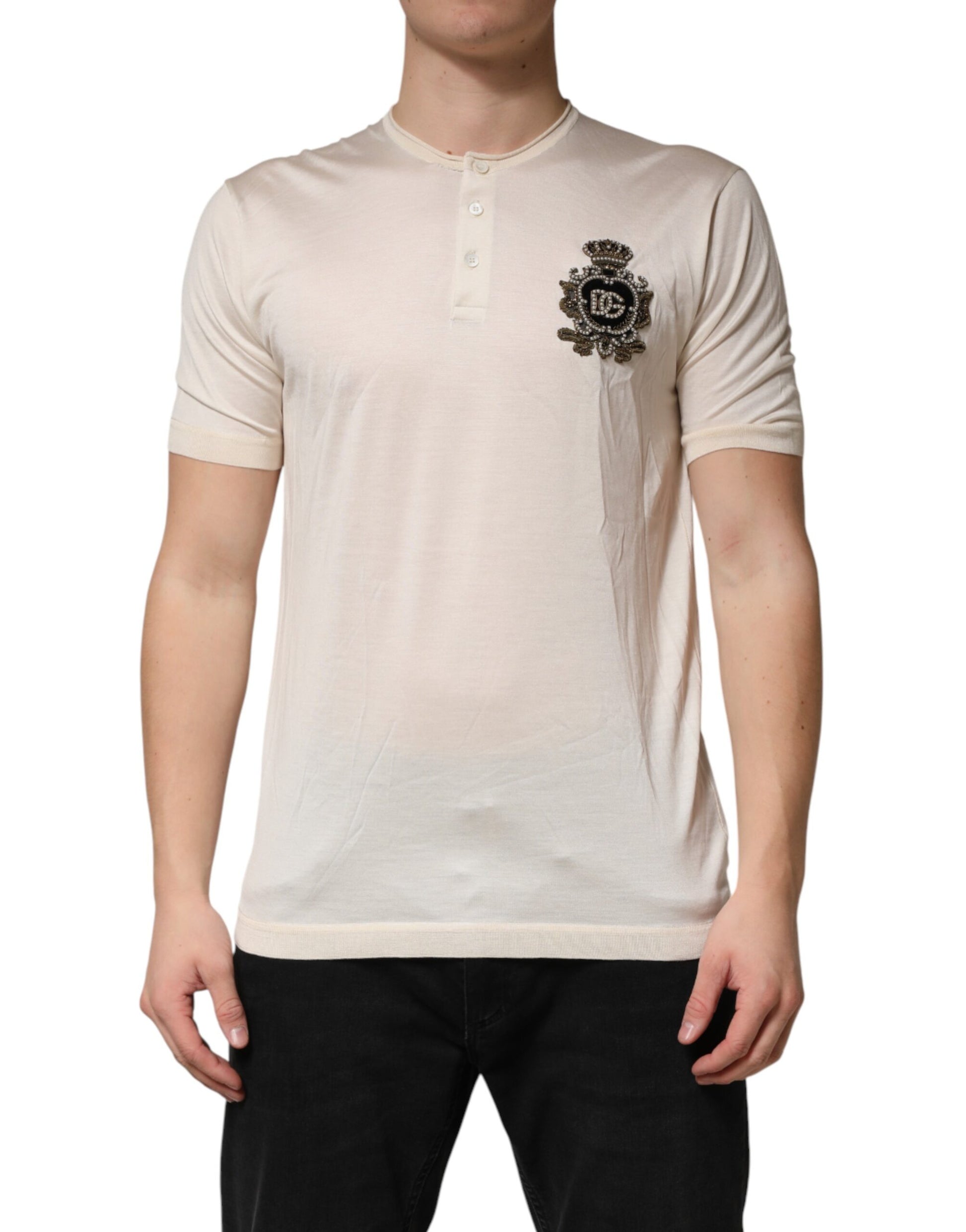 Off White Silk Logo Patch Men Henley T-shirt