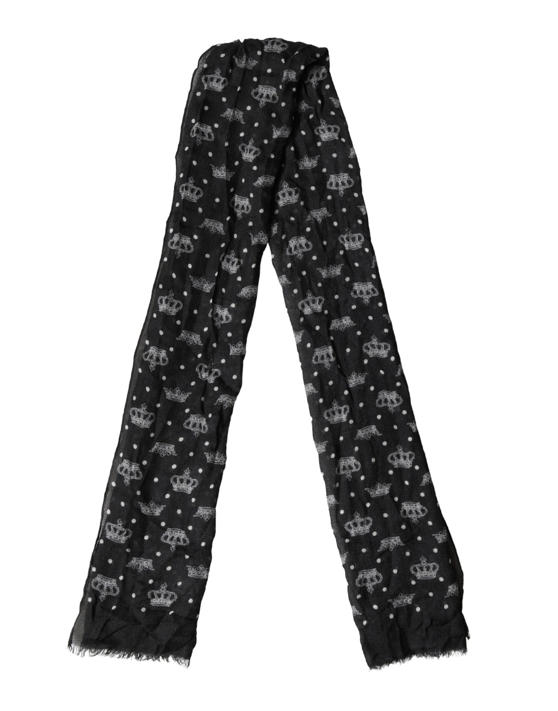 Black Wool Crown Print Fringe Neck Wrap 180cm x 65cm Scarf