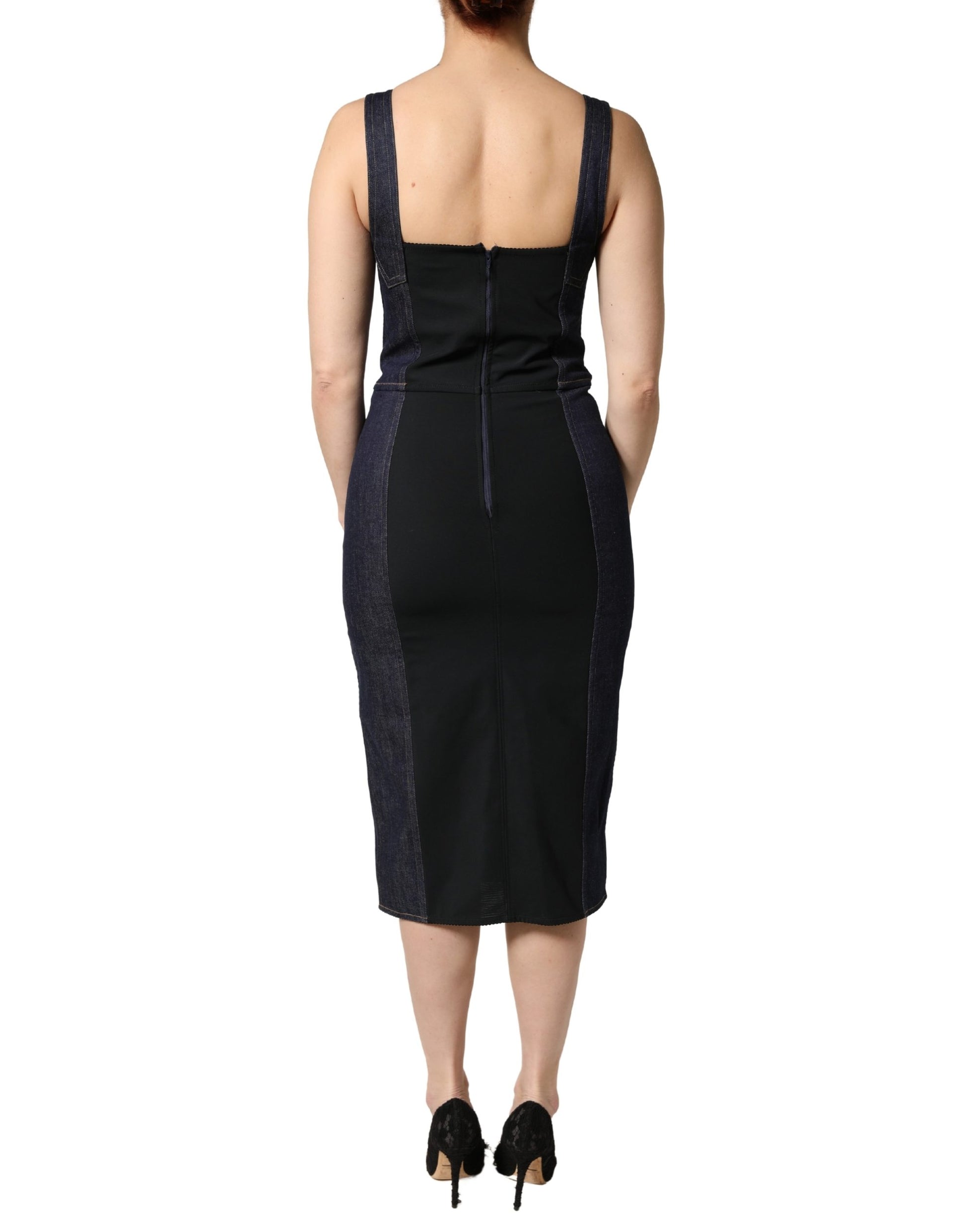 Dark Blue Cotton Denim Sheath Midi Dress