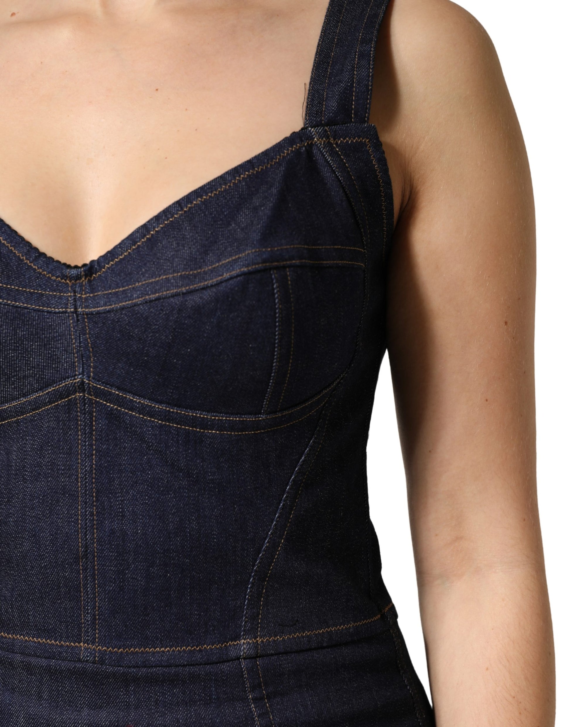 Dark Blue Cotton Denim Sheath Midi Dress