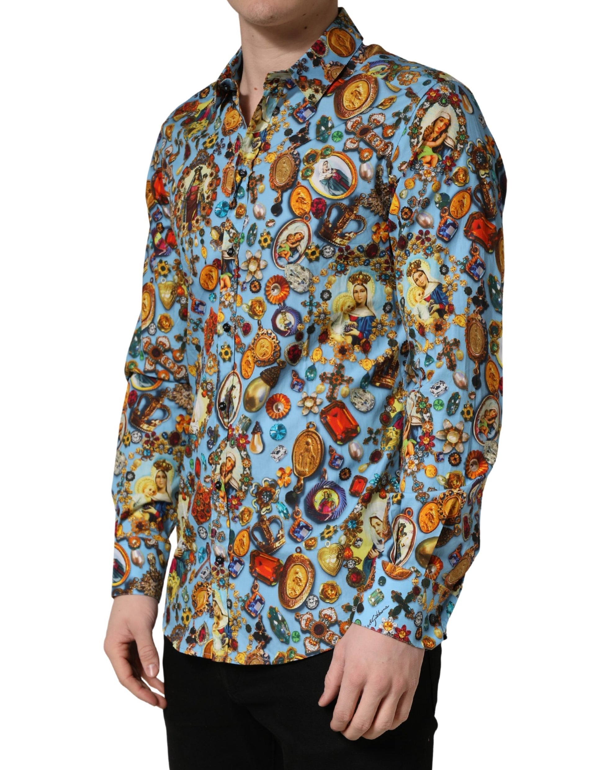 Blue Cotton Jewel Print Button Down GOLD Shirt