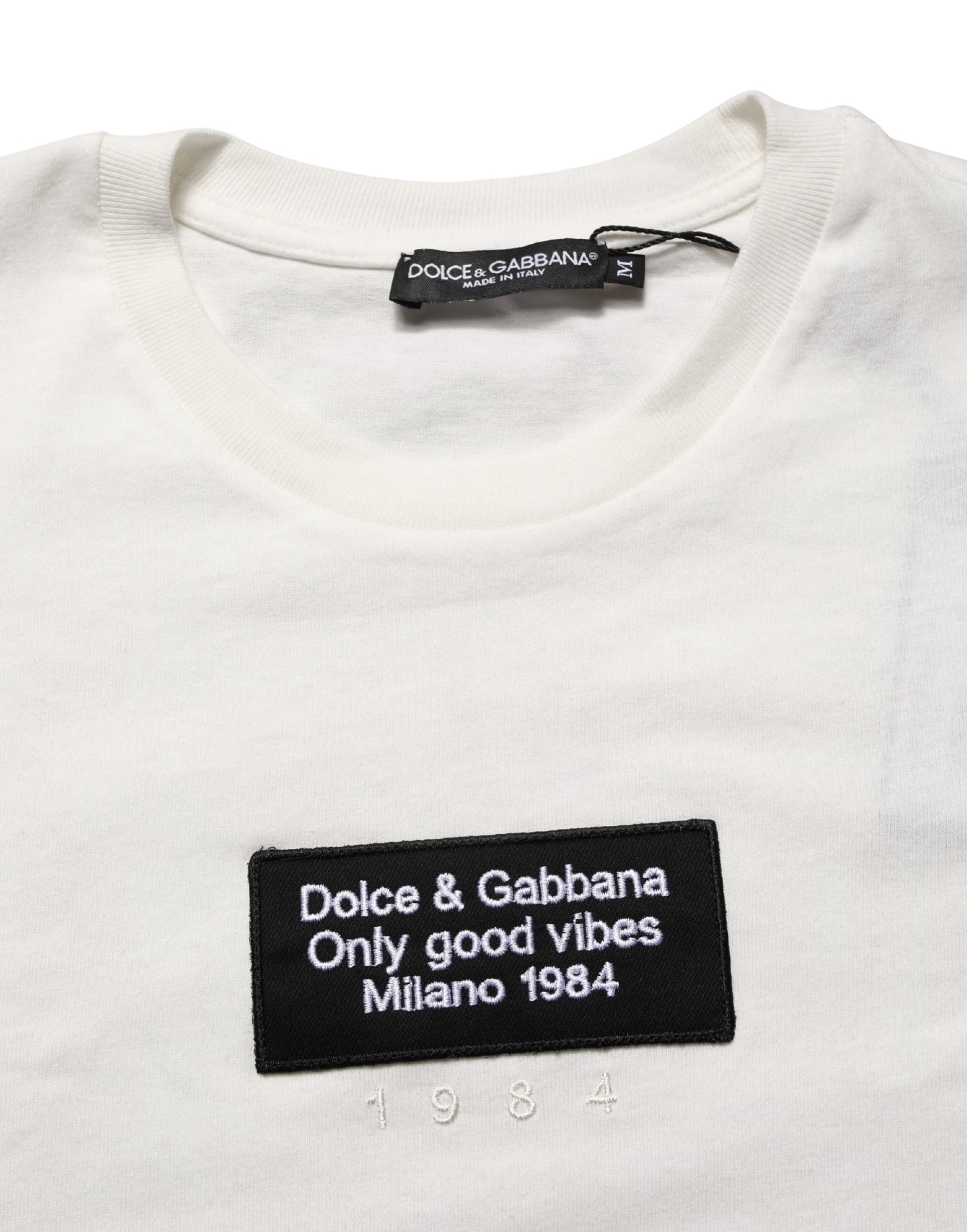 White Logo Patch Cotton Men Crew Neck  T-shirt