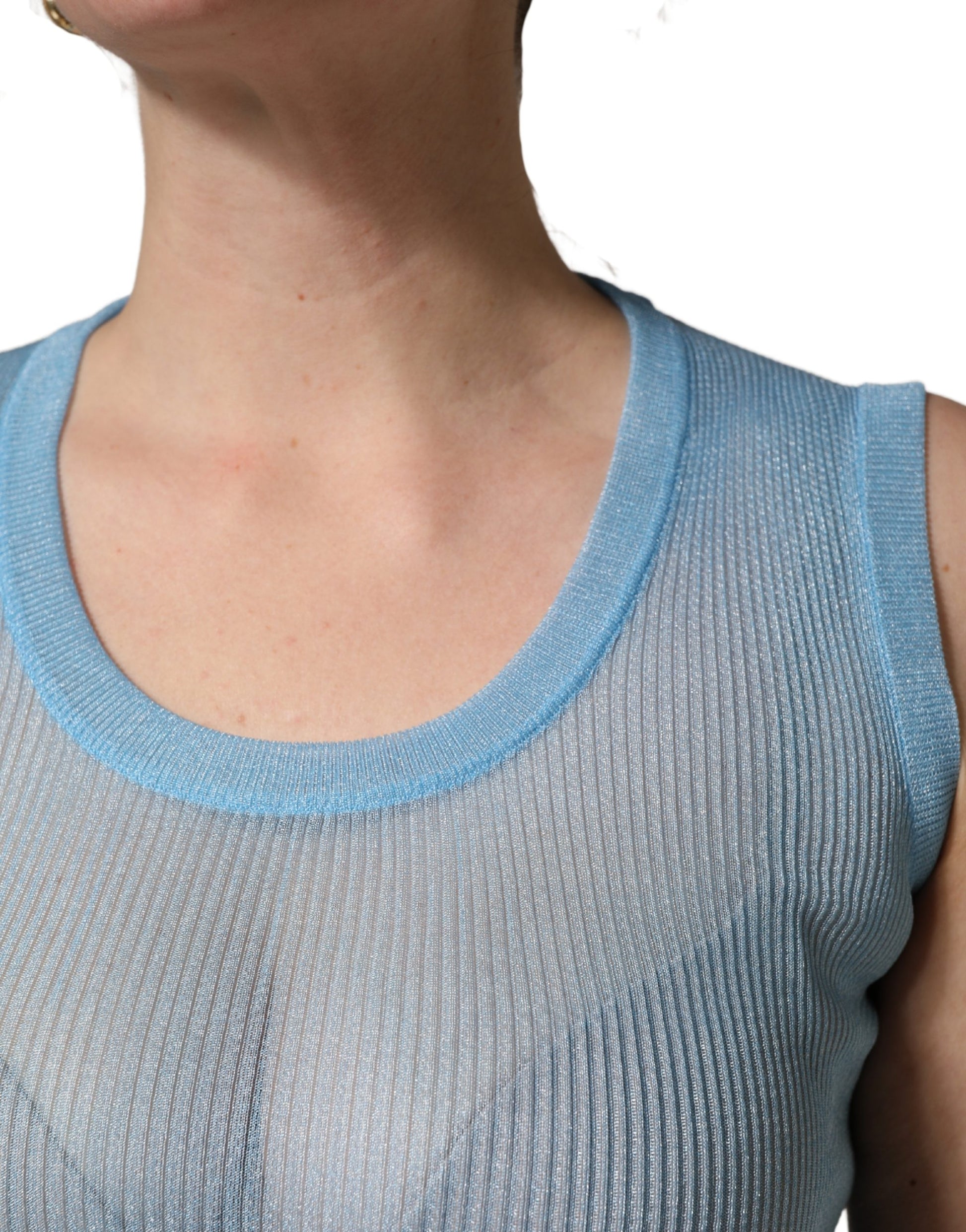 Blue Semi Sheer Ribbed Sleeveless Tank Top