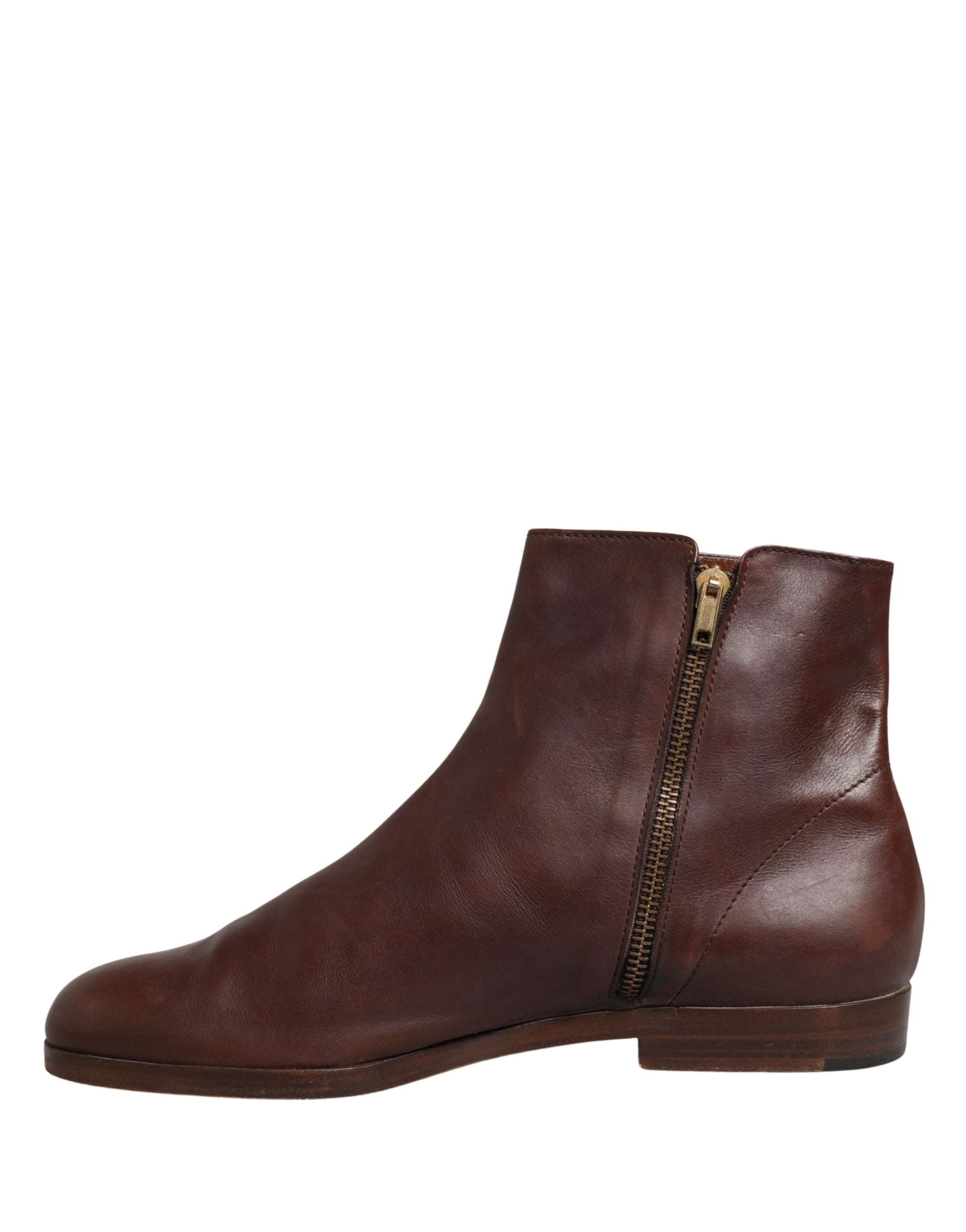 Brown Leather Flats Biker Ankle Boots Shoes