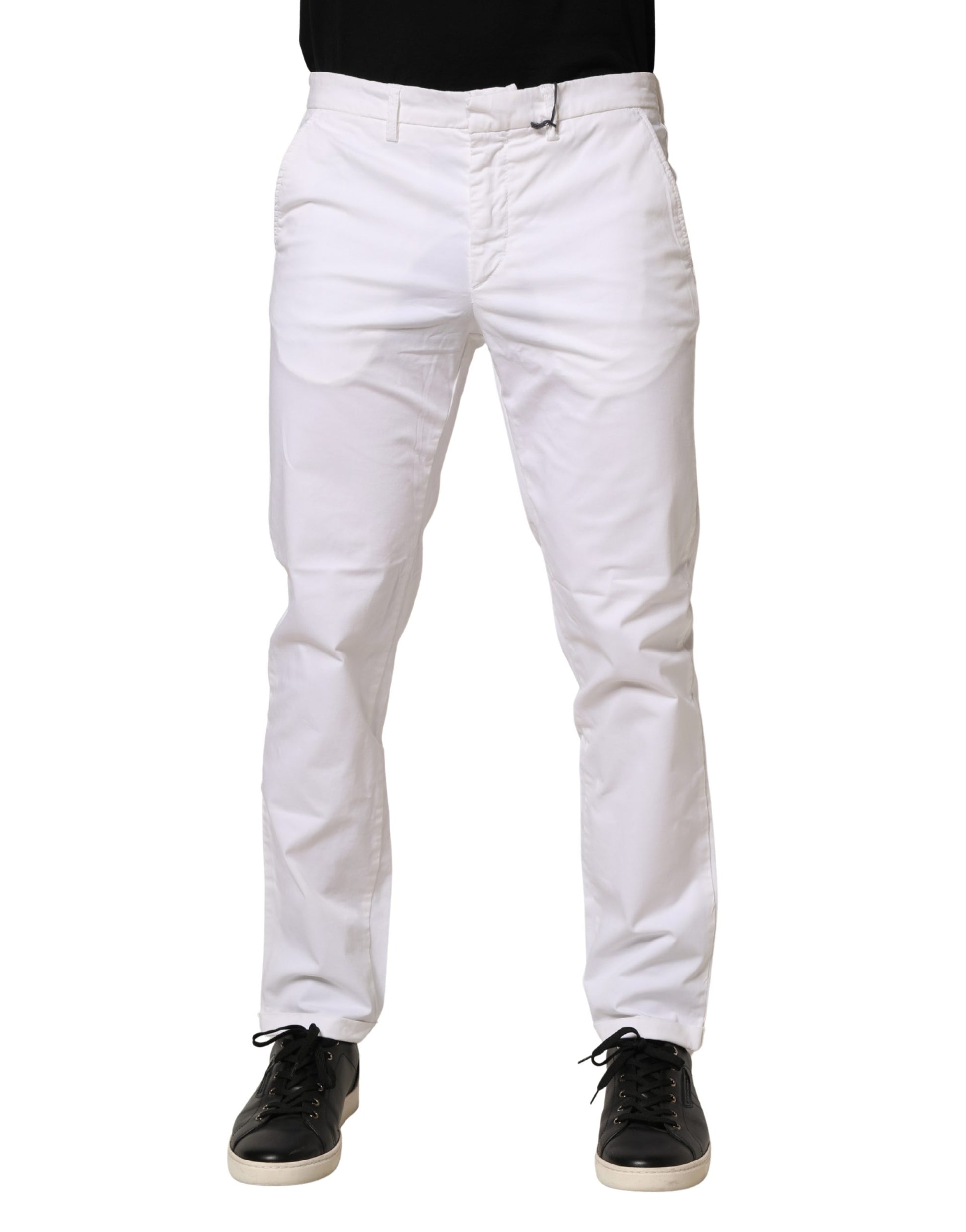 White Mid Waist Cotton Stretch Casual Men Trouser Pants