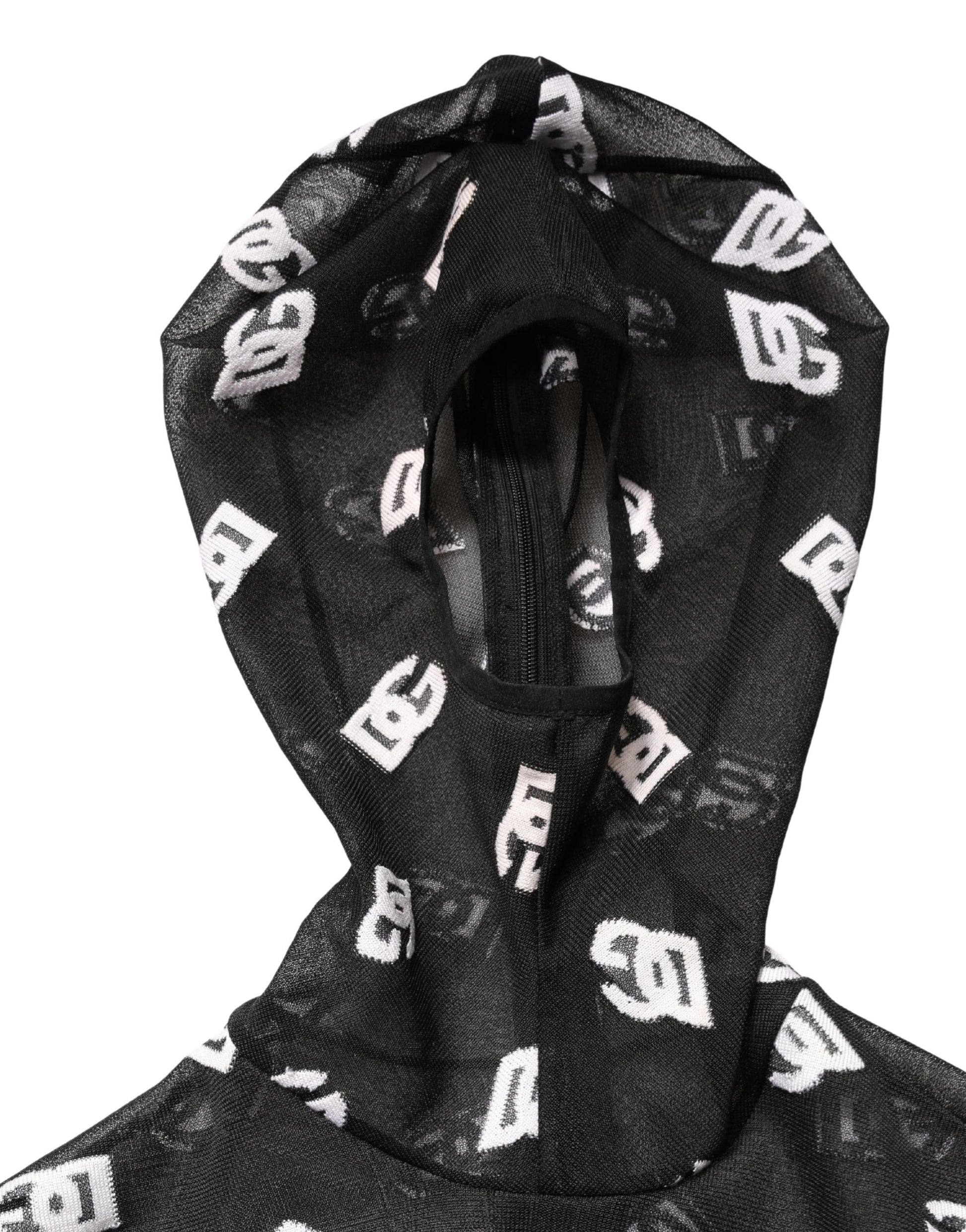 Black White Logo Print Hooded Jumpsuit Dress