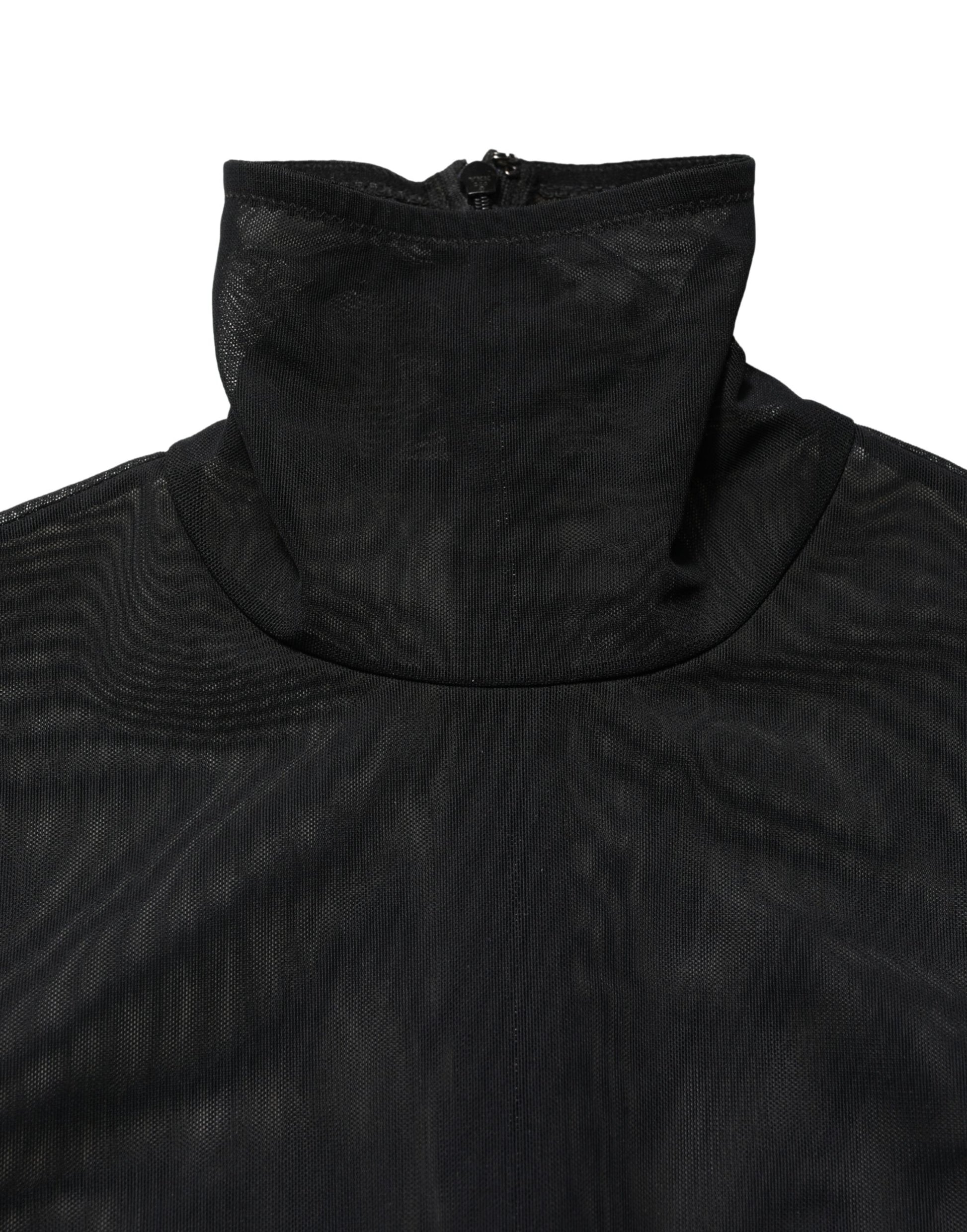 Black Nylon Sheer Turtleneck Jumpsuit Dress