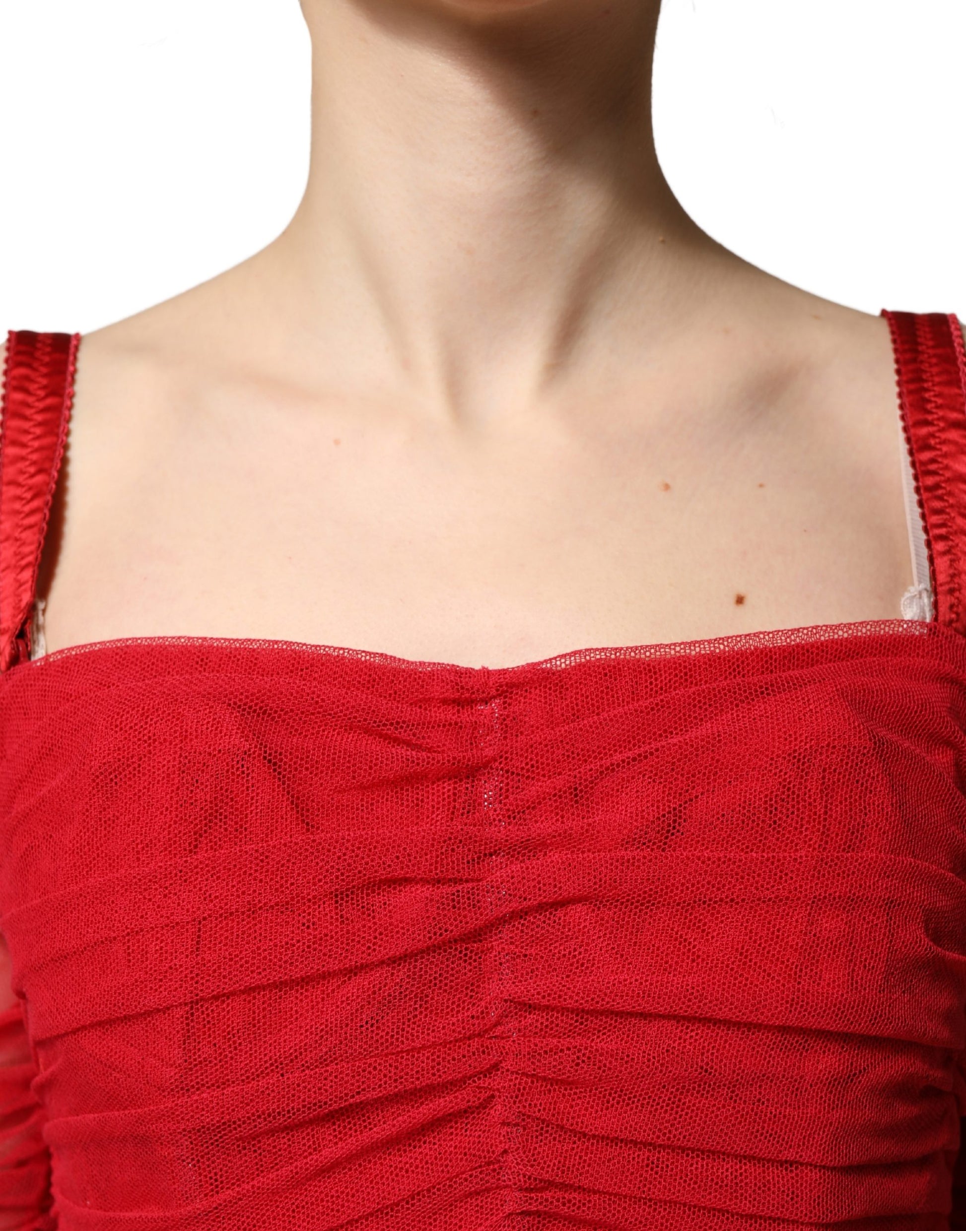 Red Cotton Ruched Stretch Tulle Midi Dress