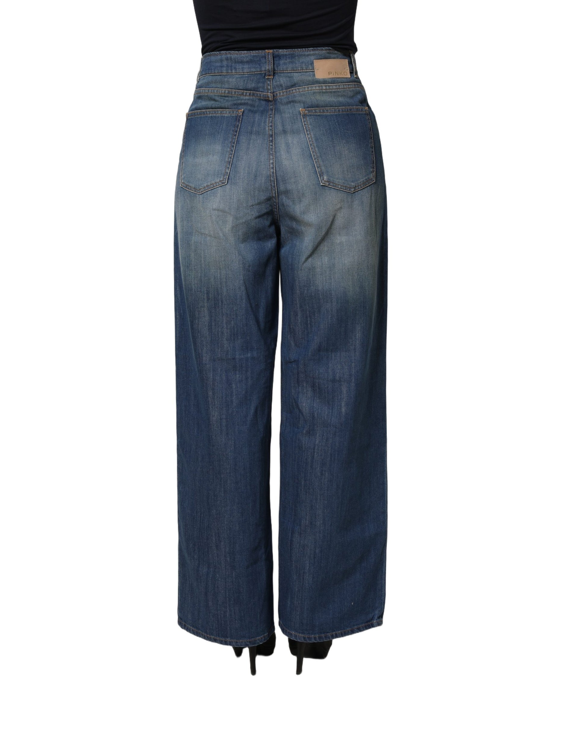 Blue Washed High Waist Wide Leg Denim Cotton Stretch Jeans