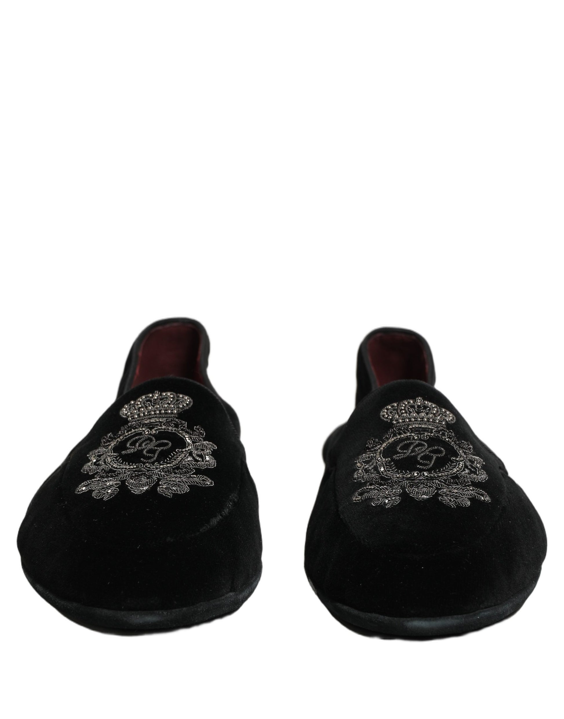 Black Velvet Crown Embroidery Loafers Shoes