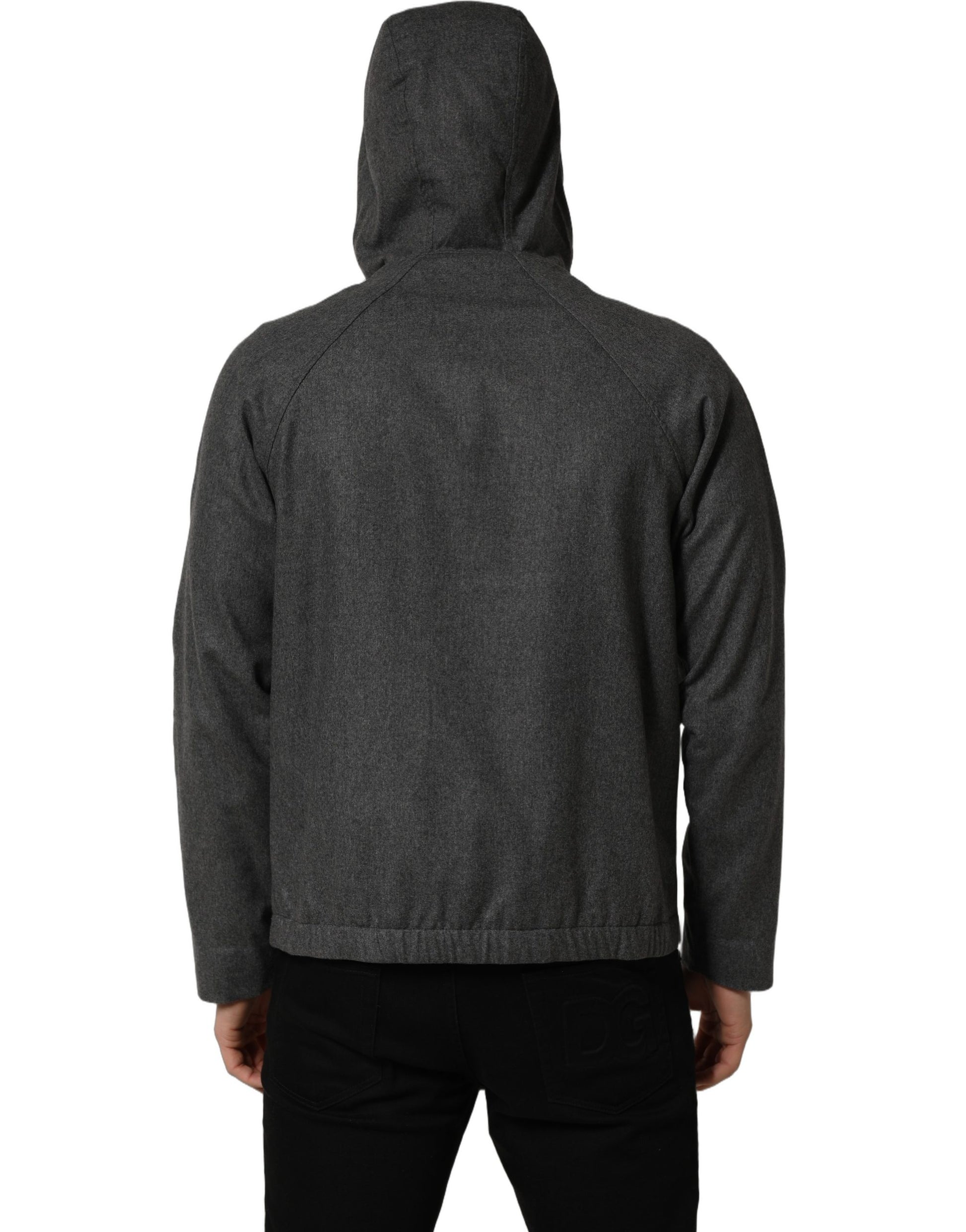 Gray Cotton Men Hooded Full Zip Bomber Jacket