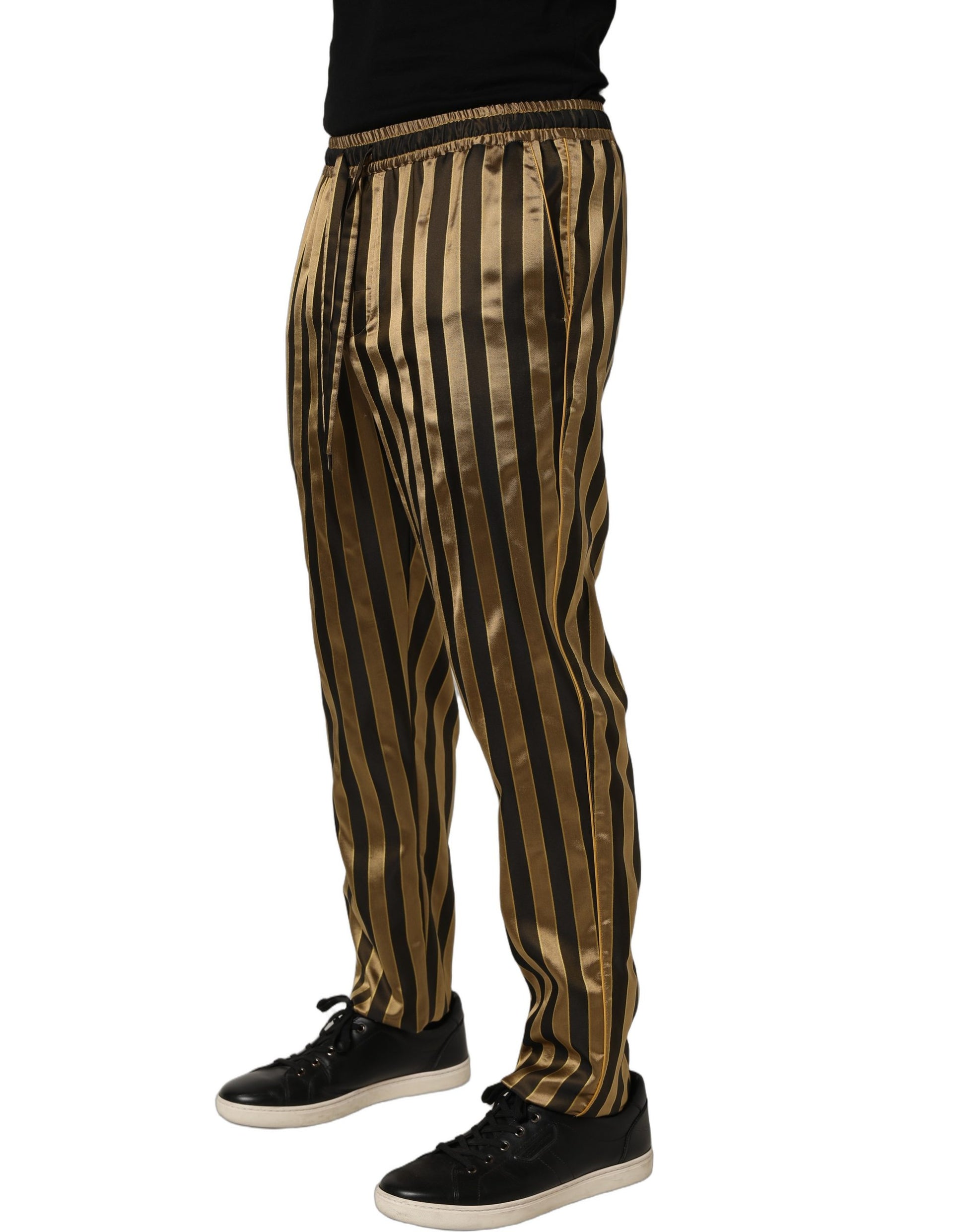 Gold Black Stripe Satin Tapered Leg Men Pants