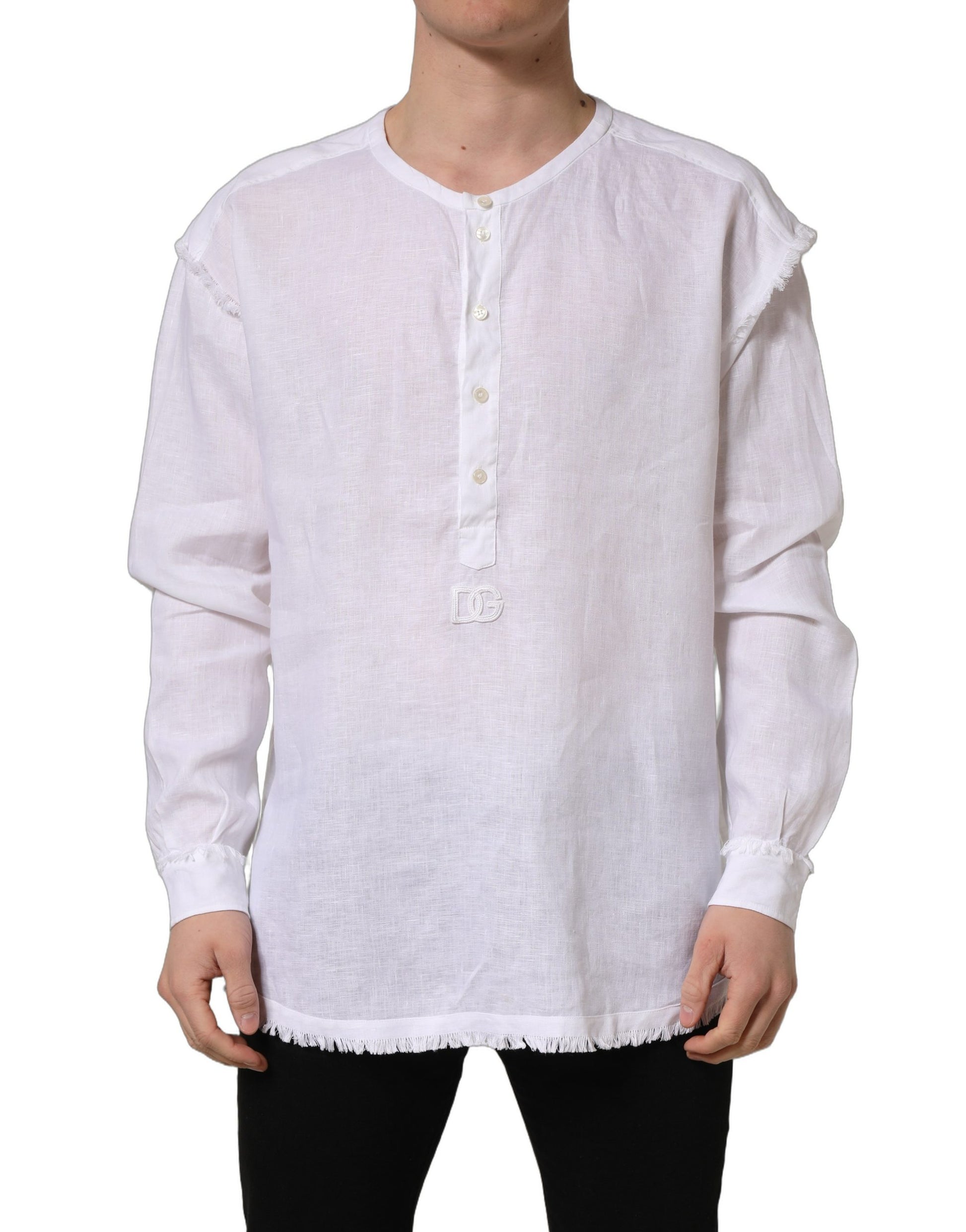 White Linen Logo Long Sleeves Casual Shirt