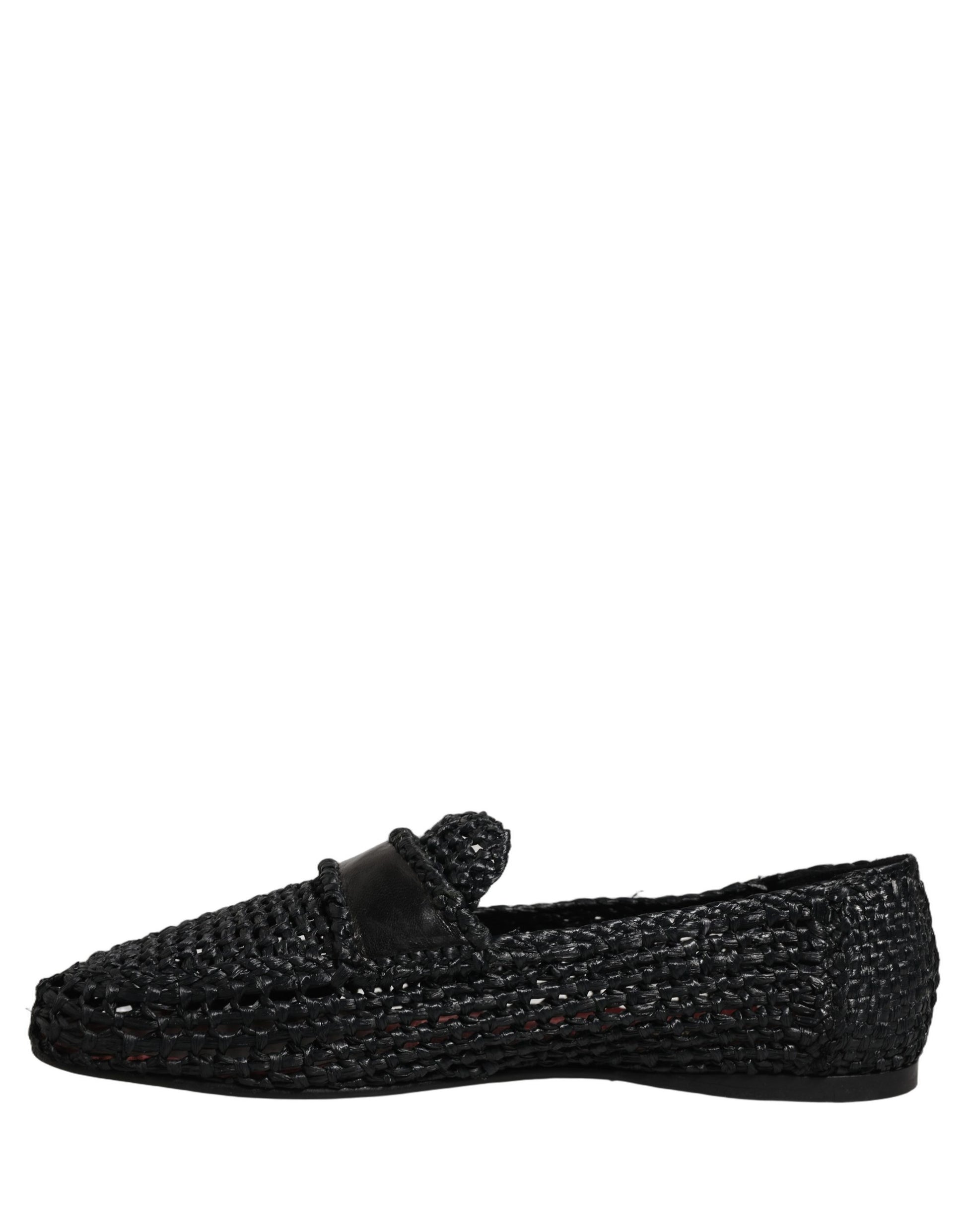Black Woven Leather Slip On Loafers Men Shoes
