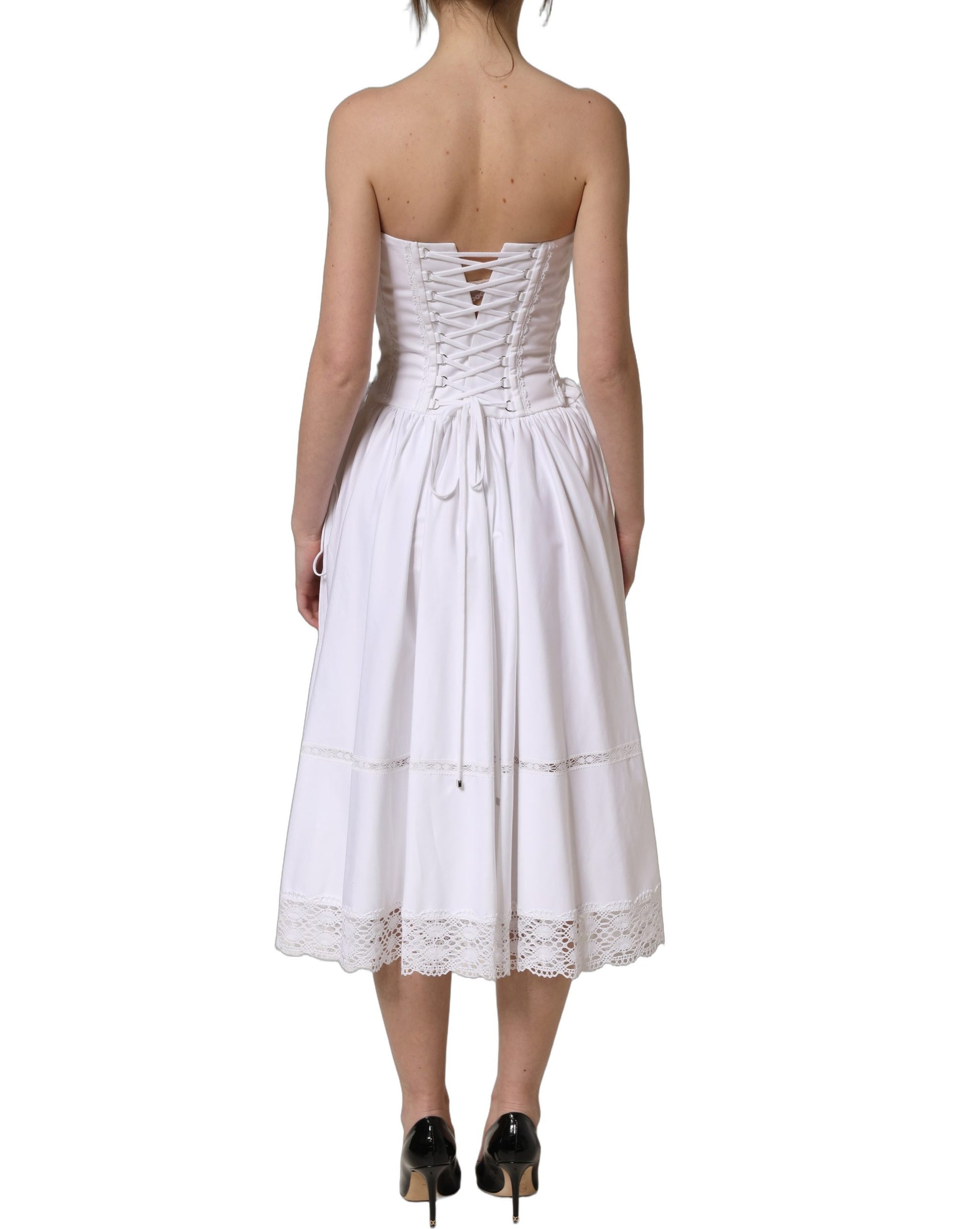 White Cotton Gabardine Bustier Midi Dress