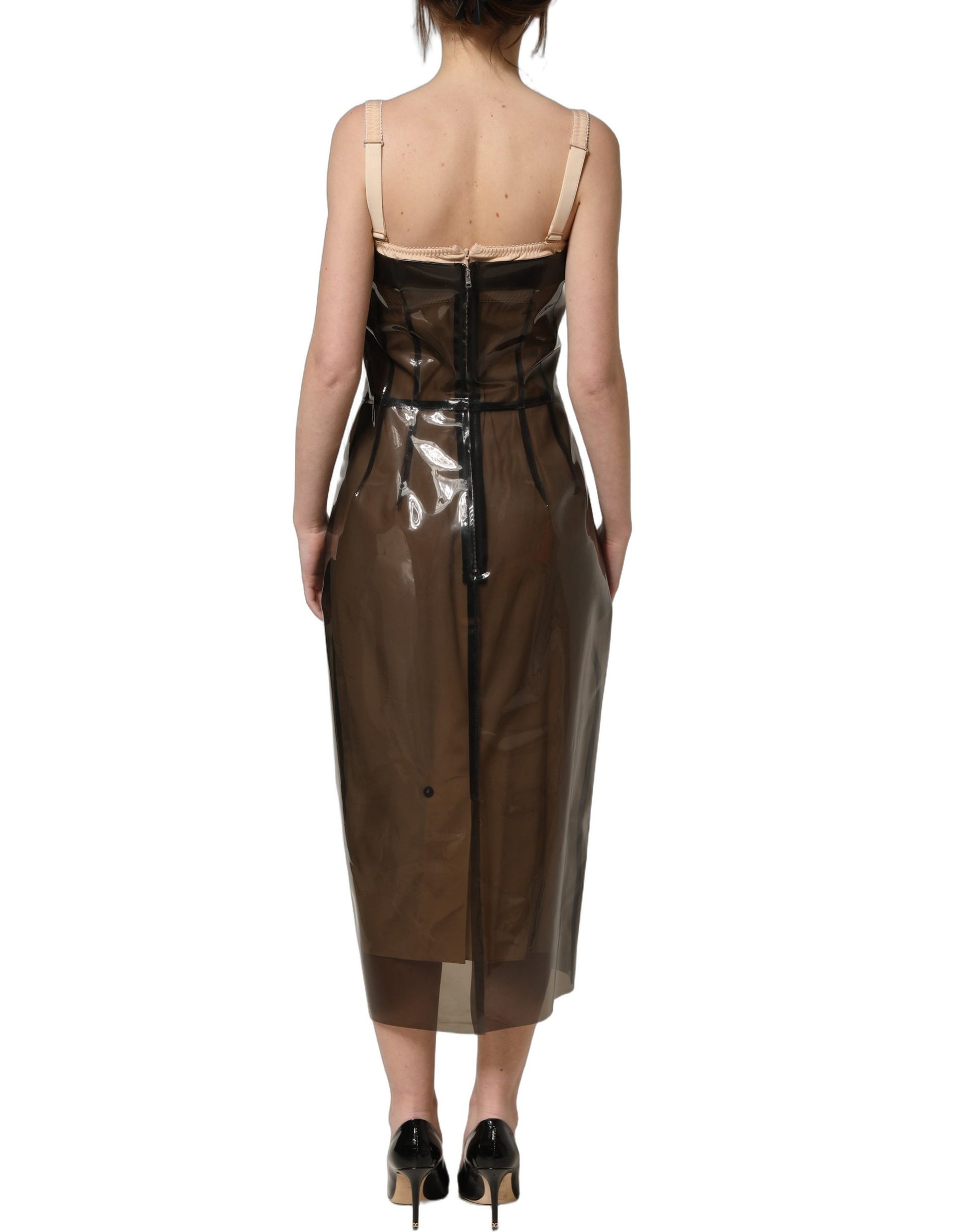 Brown Transparent Vinyl Sheath Midi Dress