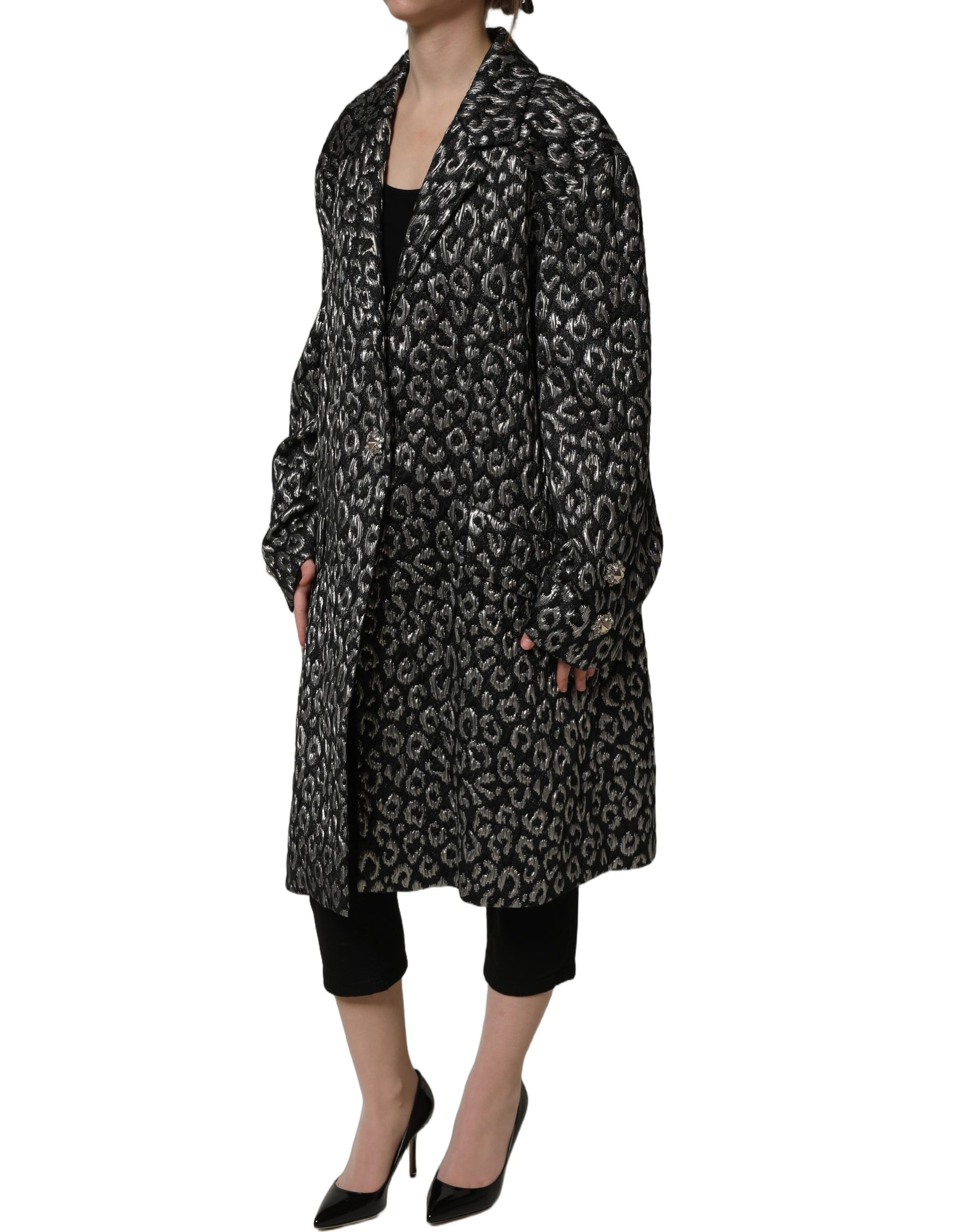 Black Silver Jacquard Leopard Coat Jacket