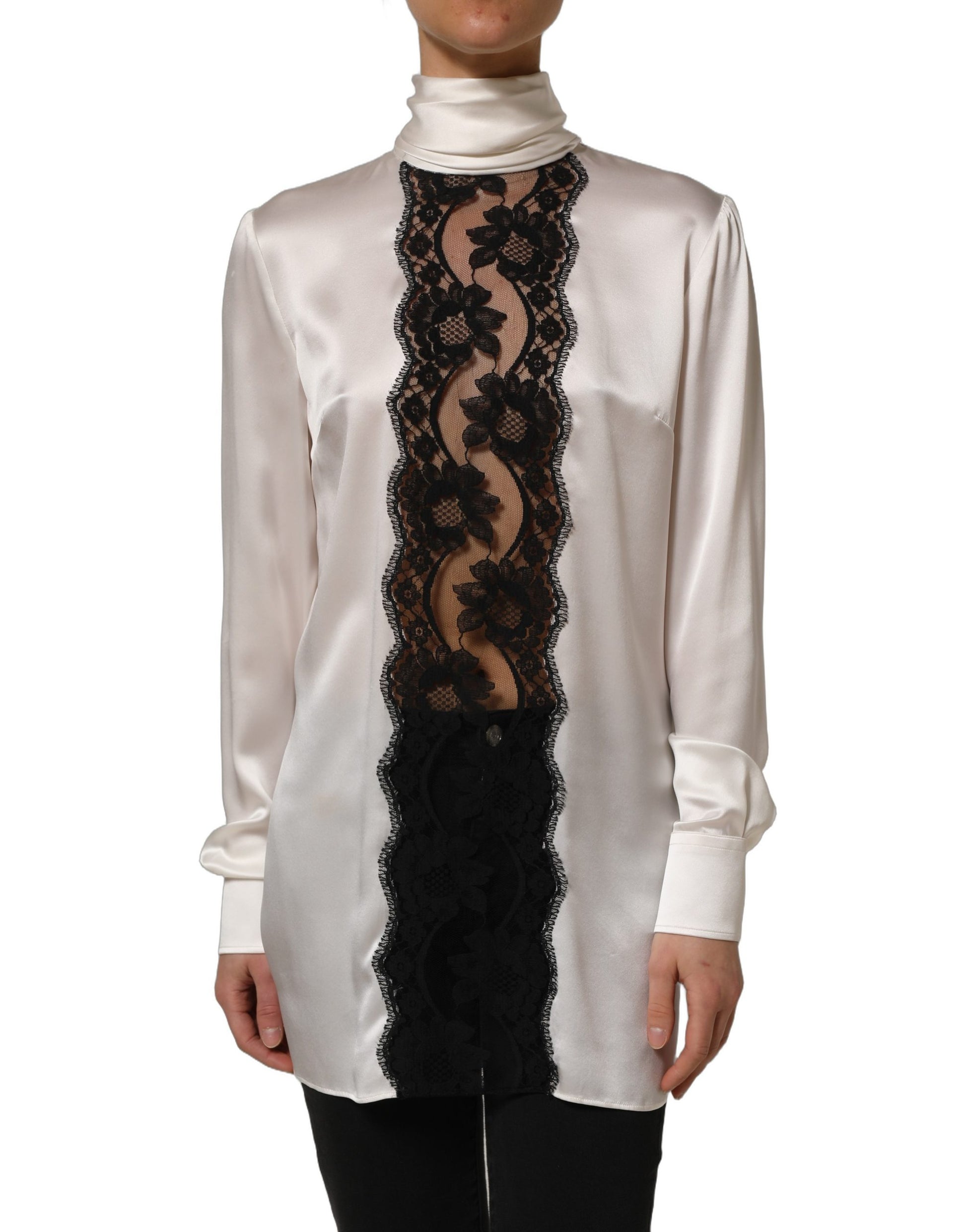White satin Lace Trim LOng Sleeves Blouse Top