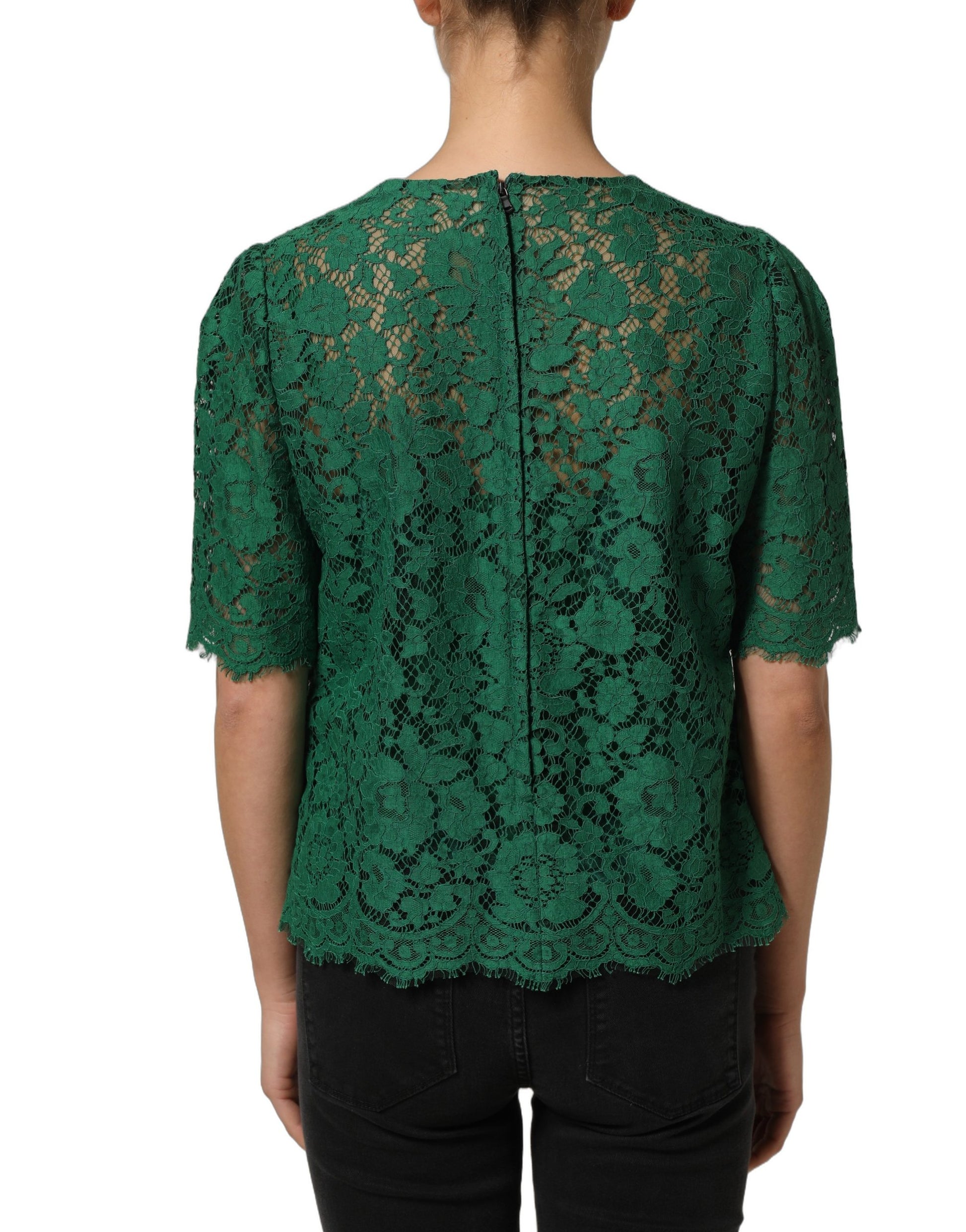 Green Floral Lace Round Neck Blouse Top