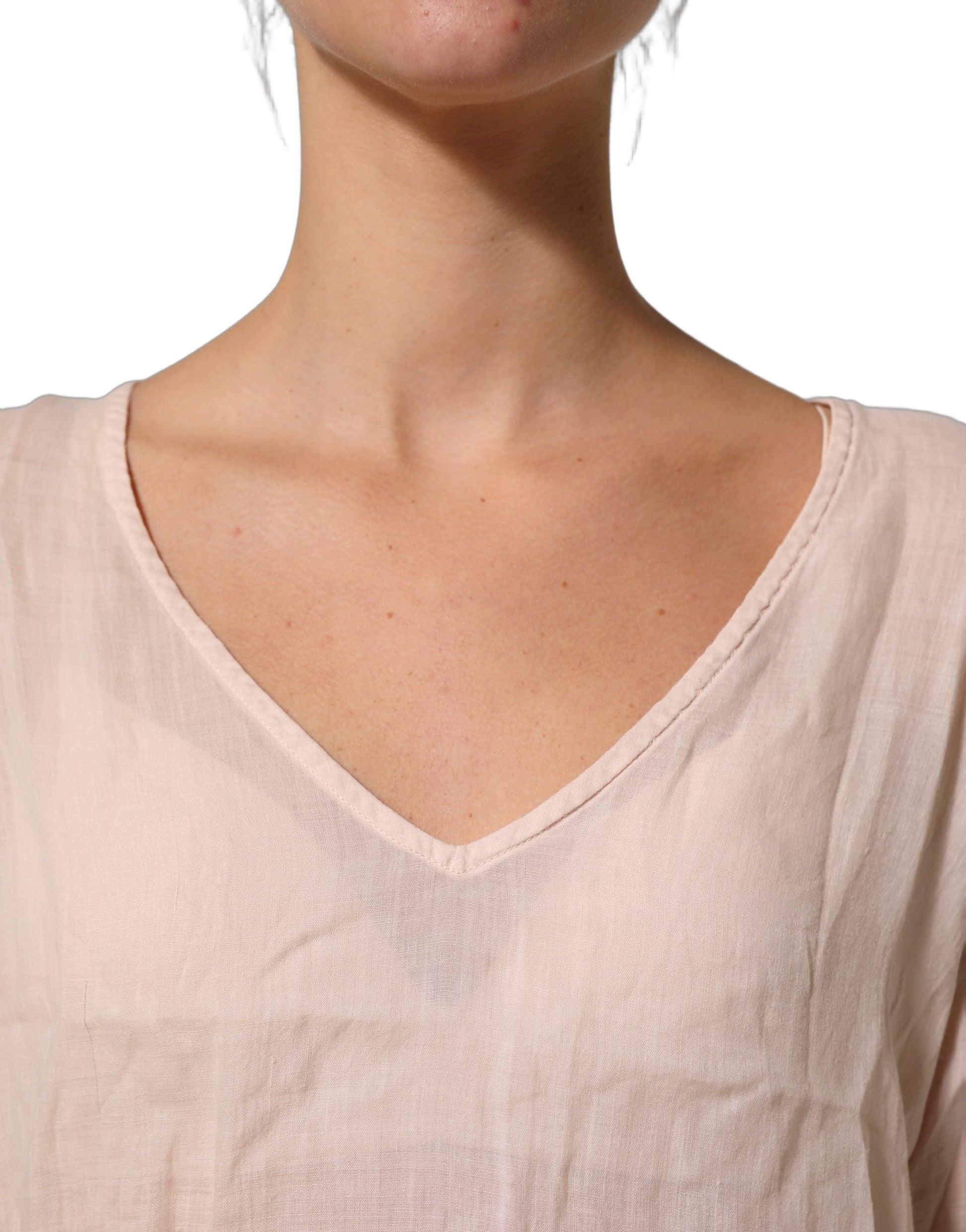 Light Pink Linen V-Neck Long Sleeves Blouse Top