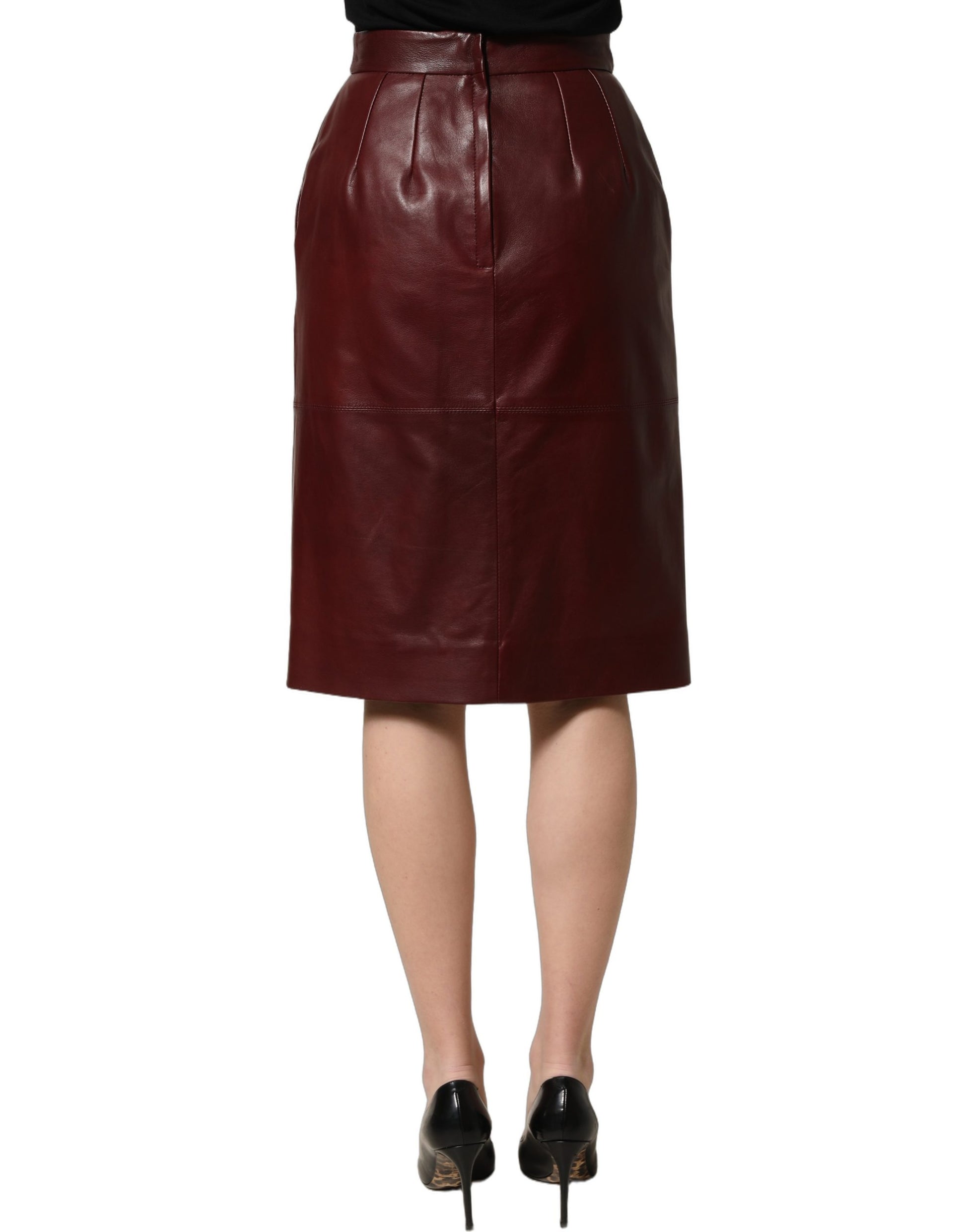 Burgundy Leather High Waist Pencil Midi Skirt