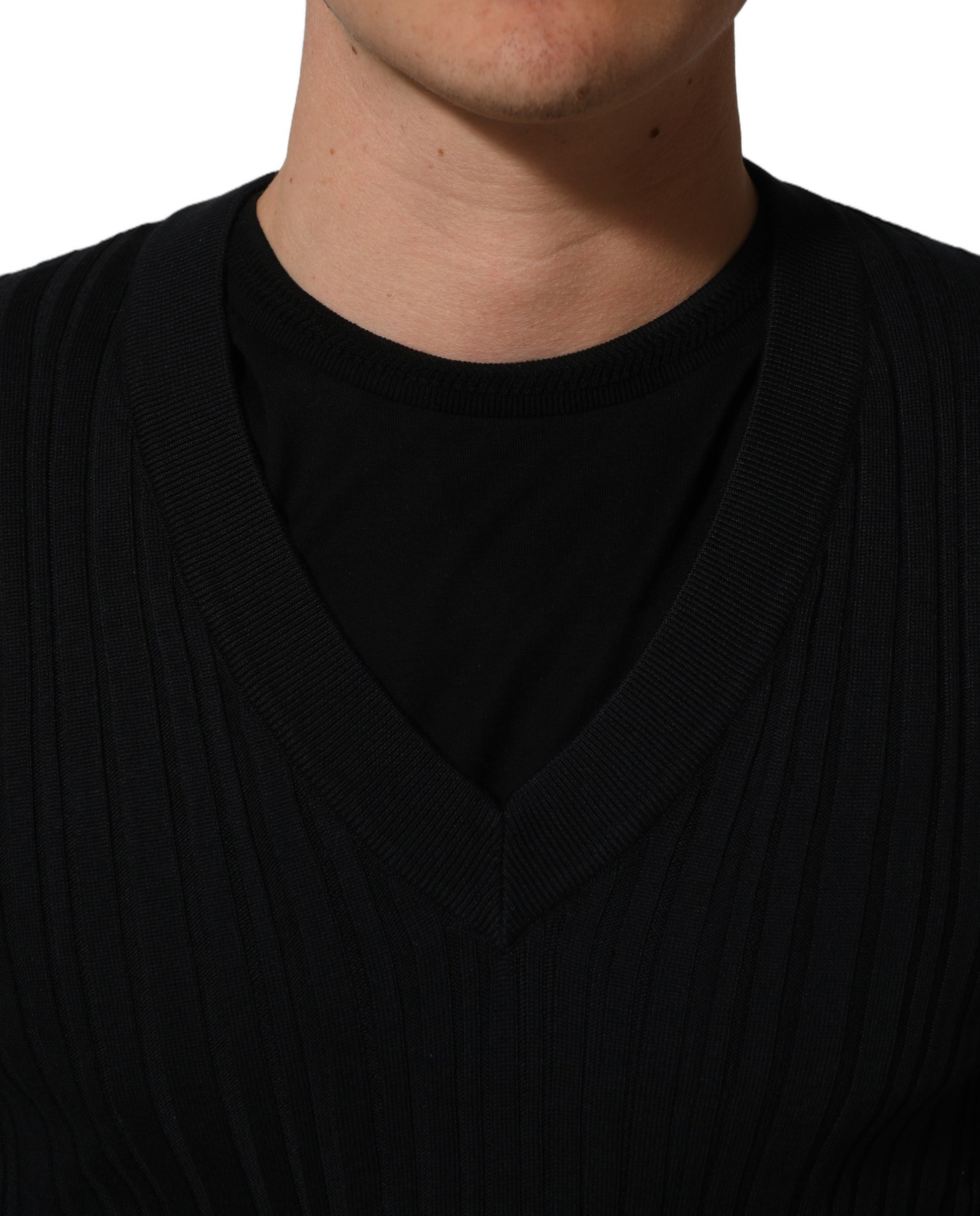 Black Silk Blend V-neck Pullover Men Sweater