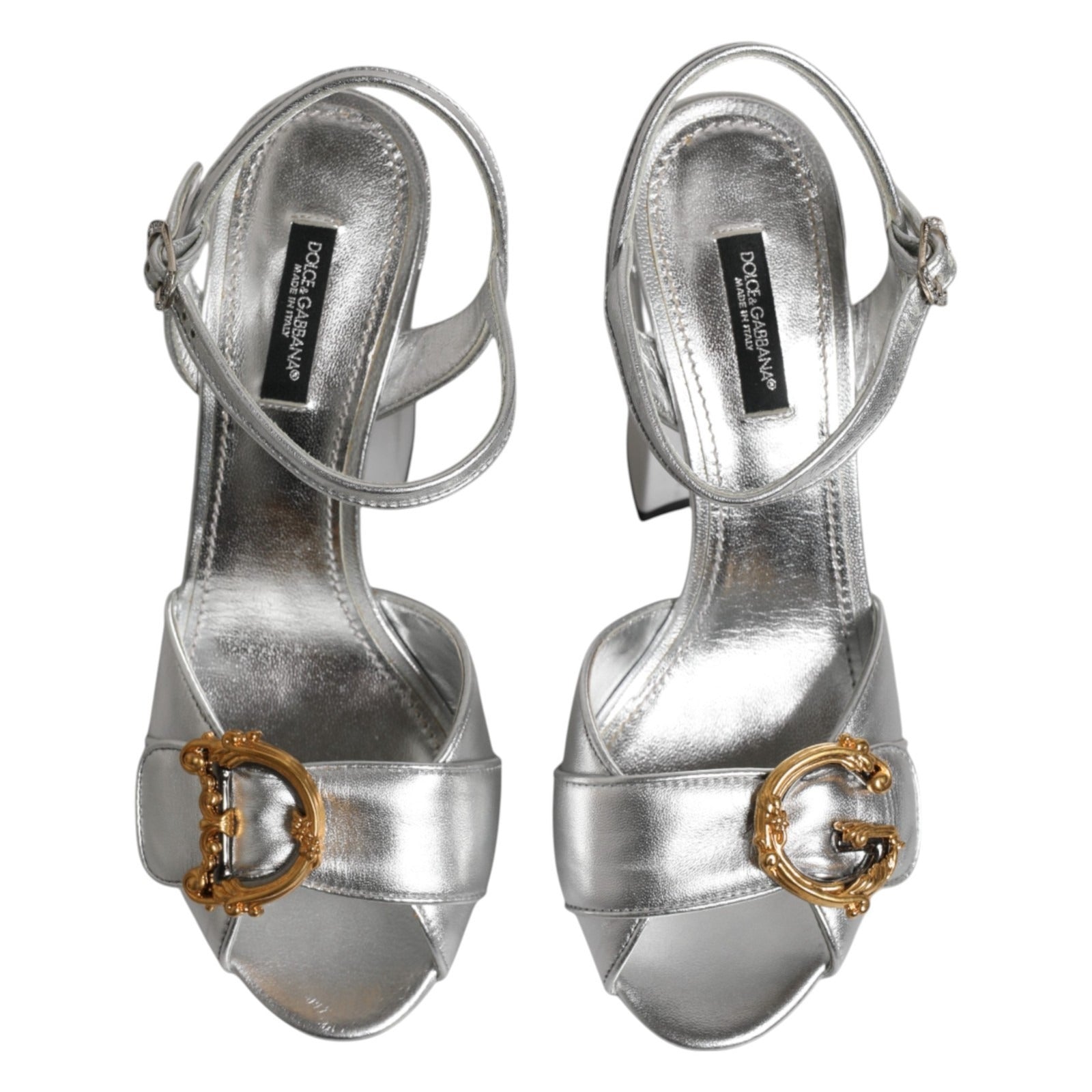 Silver Logo Ankle Strap Heels Sandals Shoes
