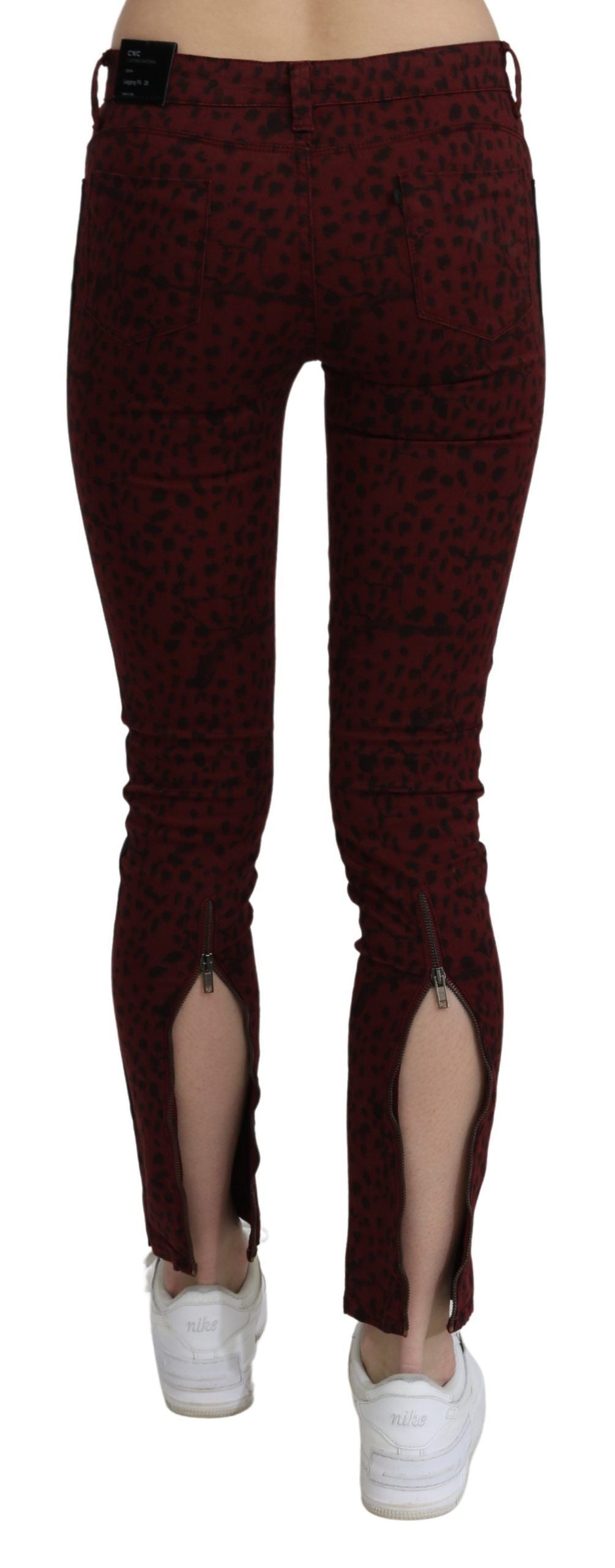 Dark Red Mid Waist Slim Fit Cotton Jeans
