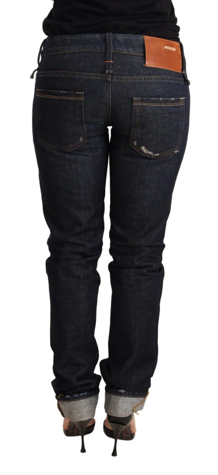 Dark Blue Cotton Slim Fit Folded Hem Women Denim Trouser Jeans