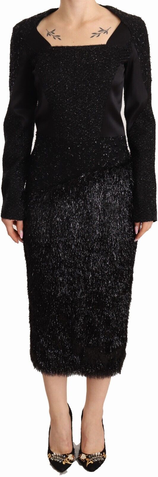 Black Studs Embellished Long Sleeves Sheath Midi Dress