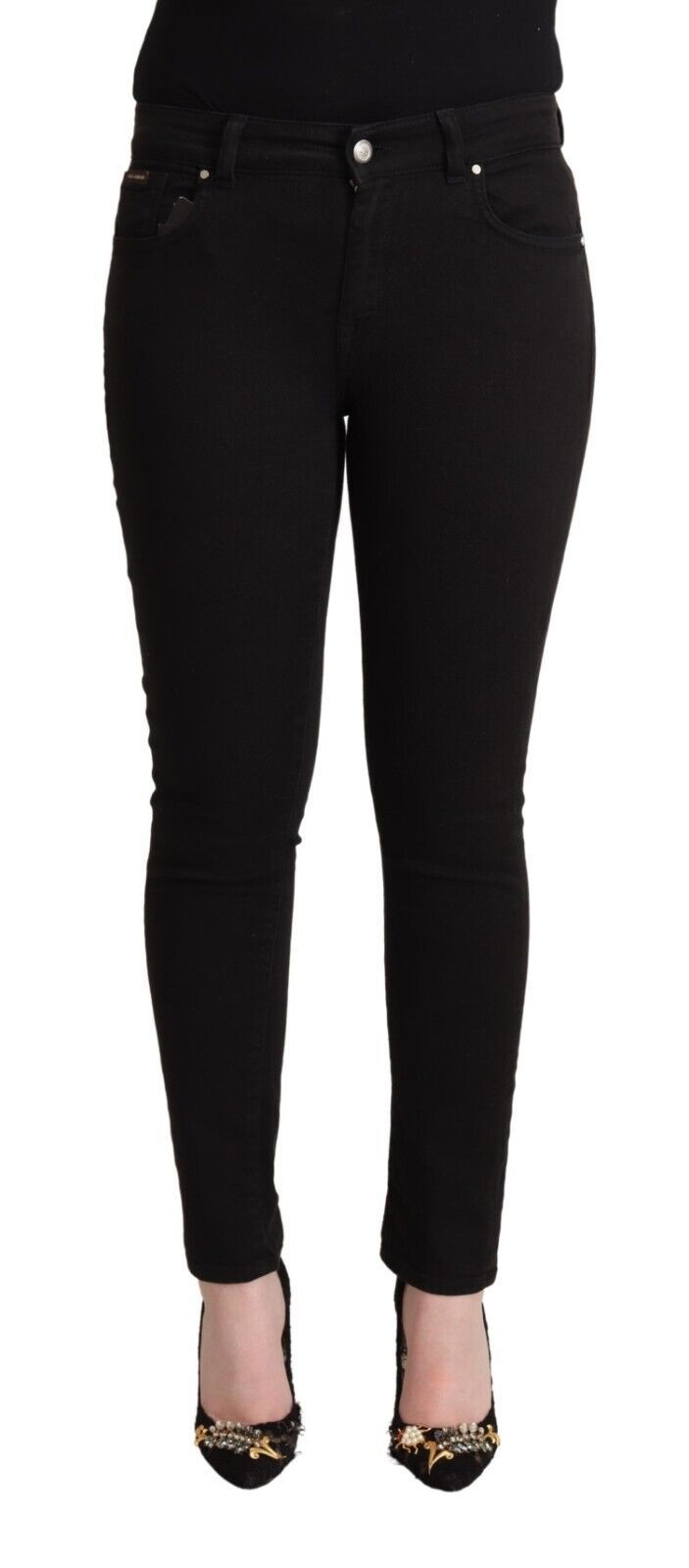 Black Cotton Mid Waist Denim Slim Fit Jeans