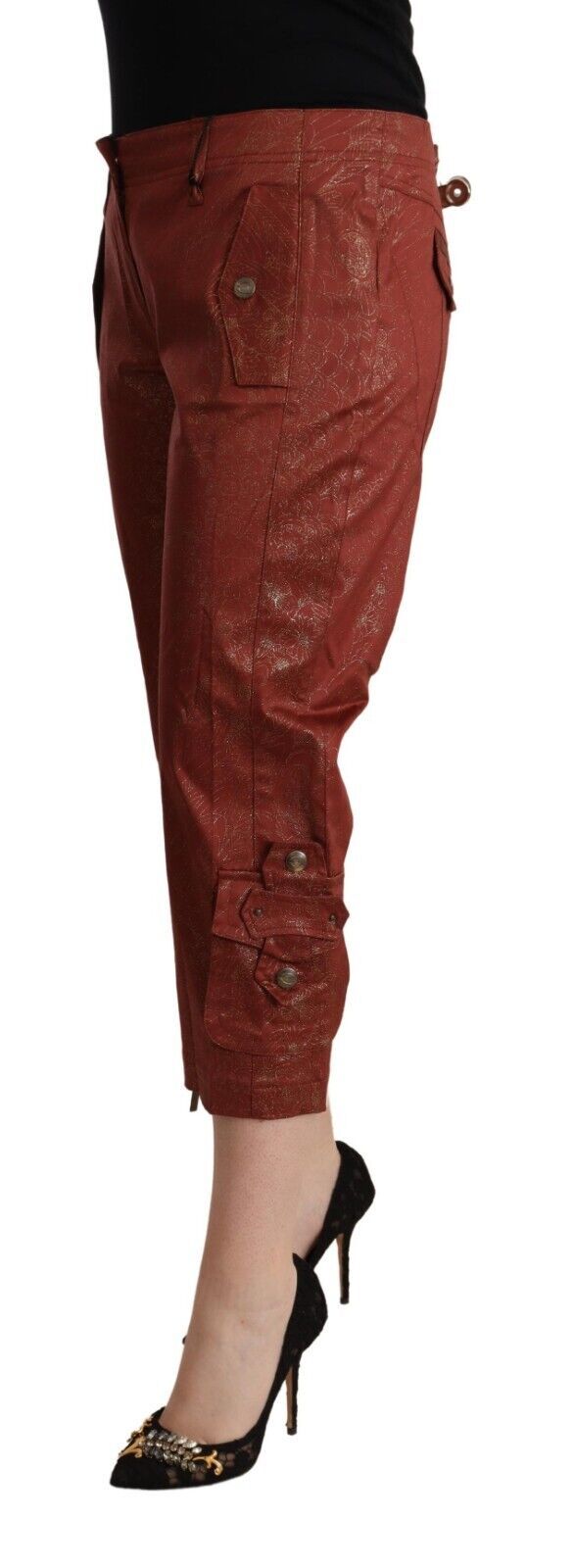Brown Lurex Mid Waist Cotton Cropped Capri Pants