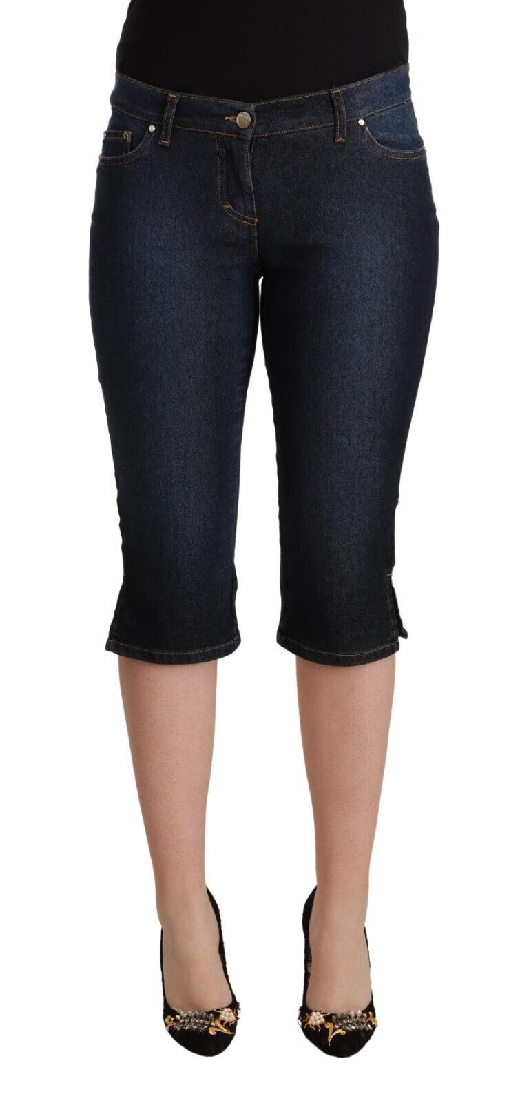 Blue Cotton Stretch Low Waist Slim Capri Denim Jeans