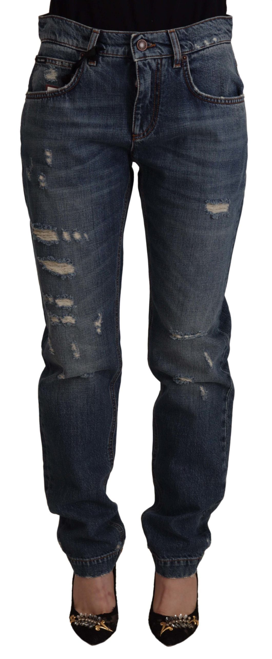 Blue Denim Baroque Heart Logo Patch Pants Jeans