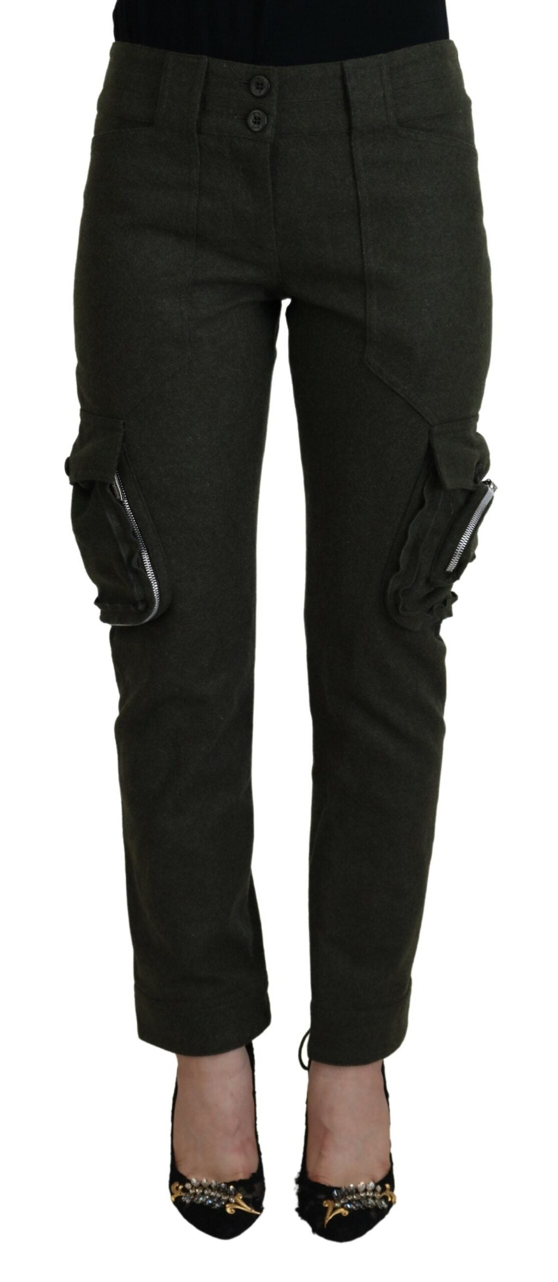 Green Lace Up Leg Women Tapered Pants
