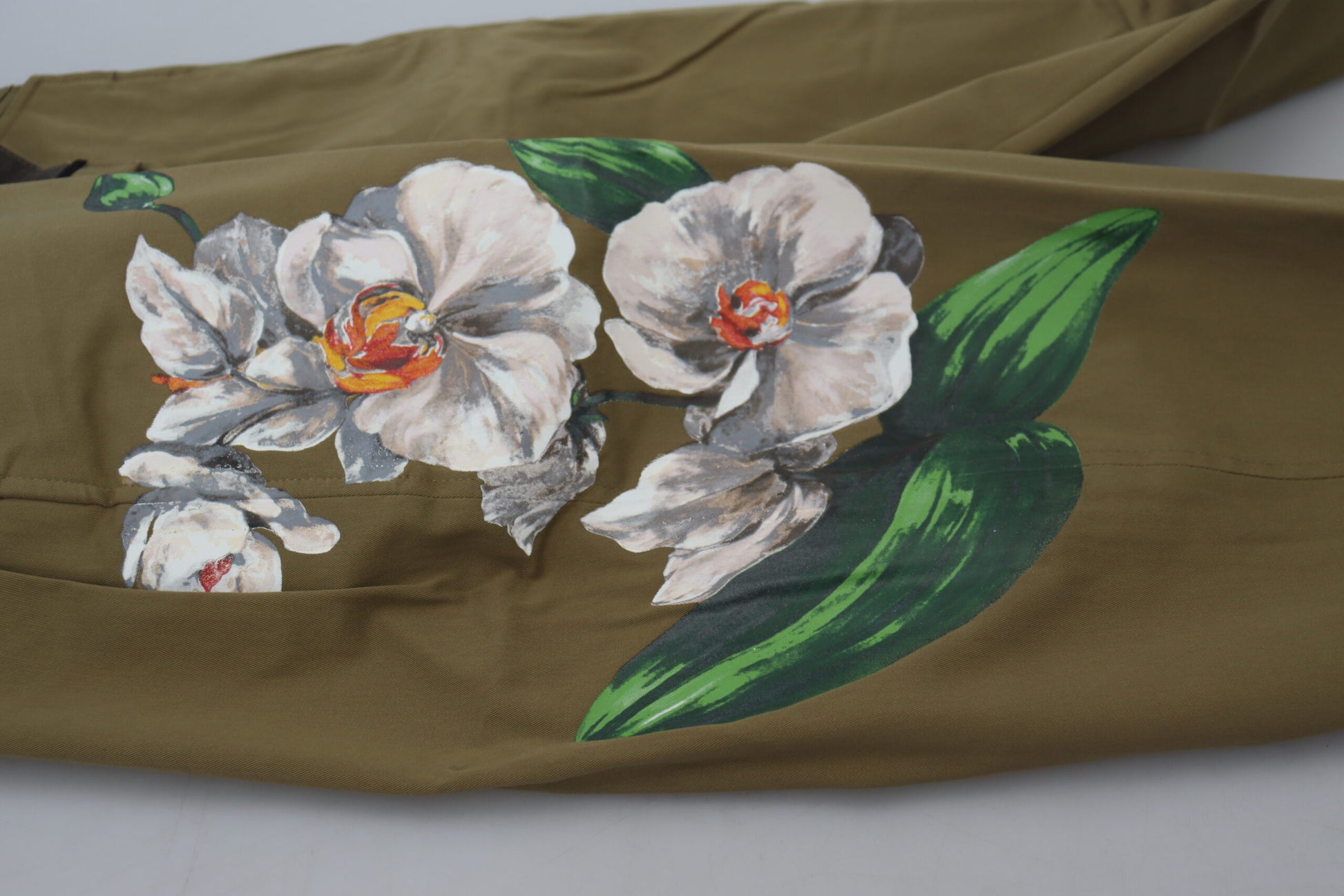 Beige Cotton Stretch Floral Chinos Pants