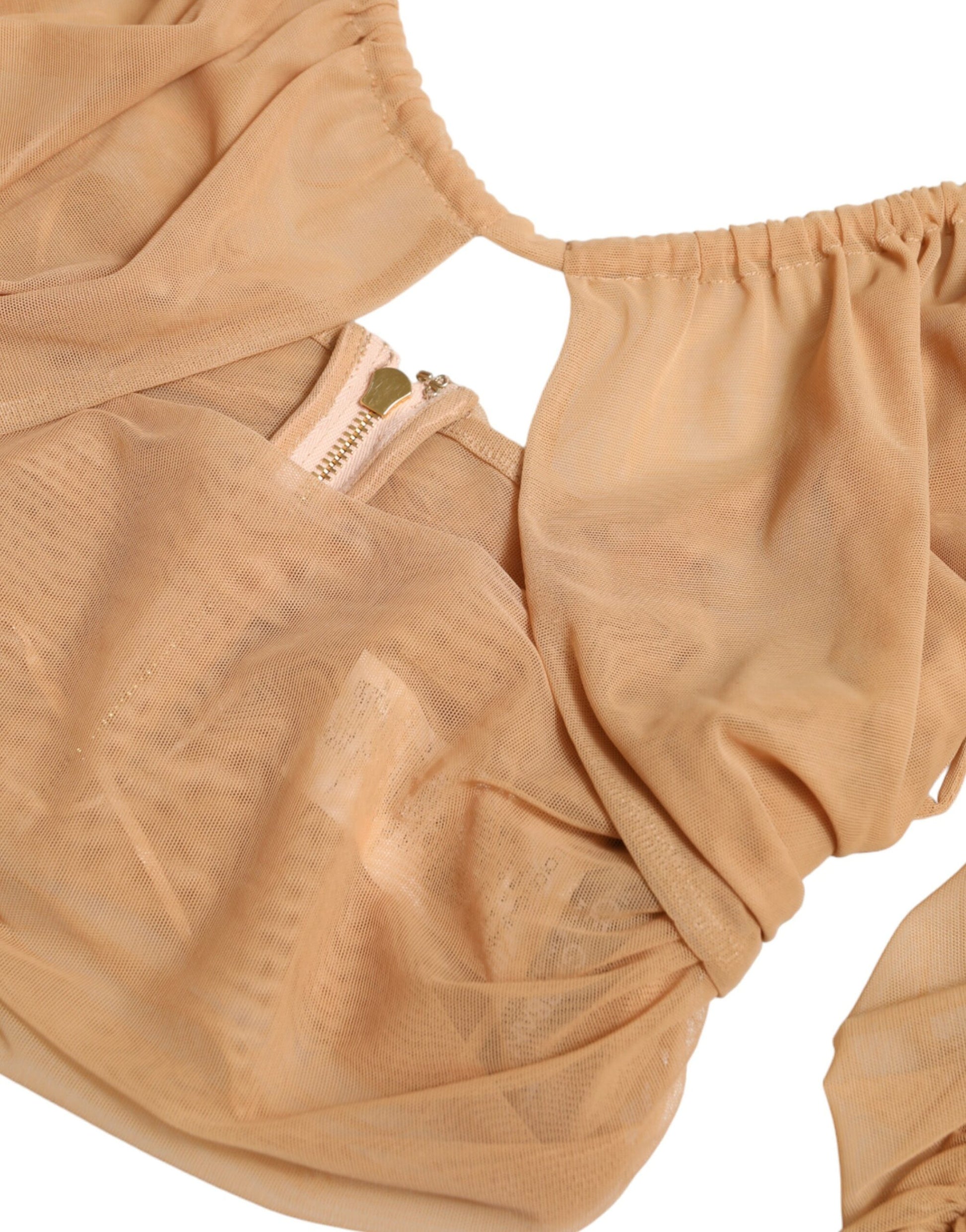 Brown Nylon Stretch Open Shoulder Cropped Top