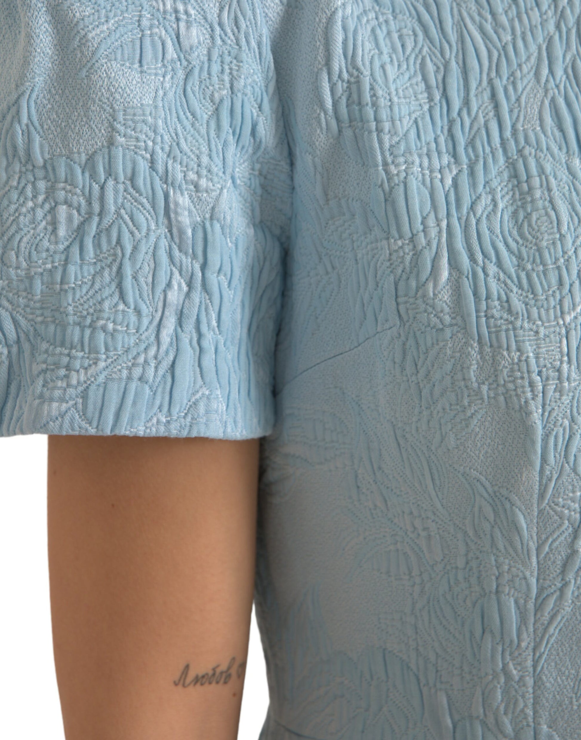 Light Blue Floral Jacquard Puff Sleeve Mini Dress