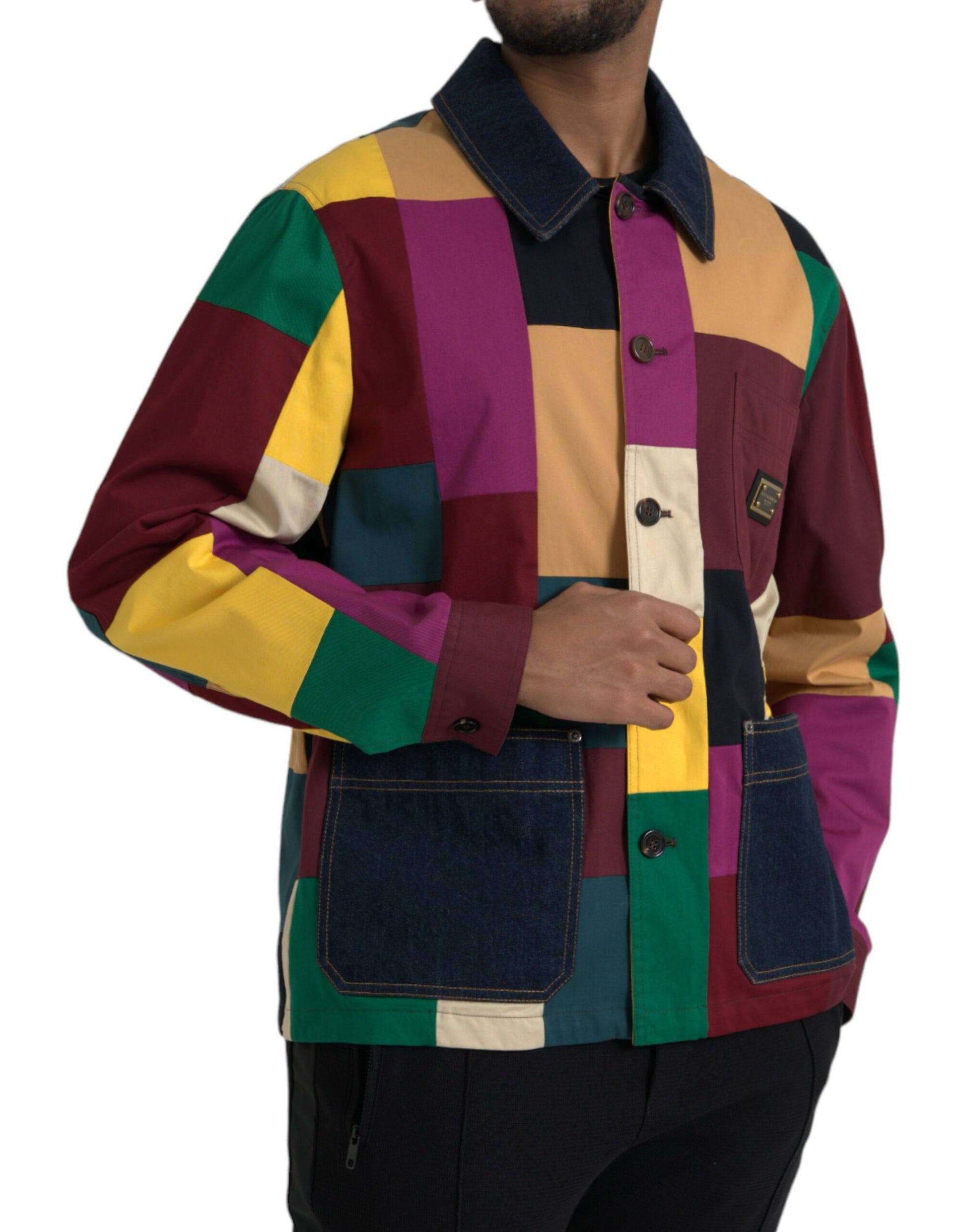 Multicolor Patchwork Cotton Collared Jacket