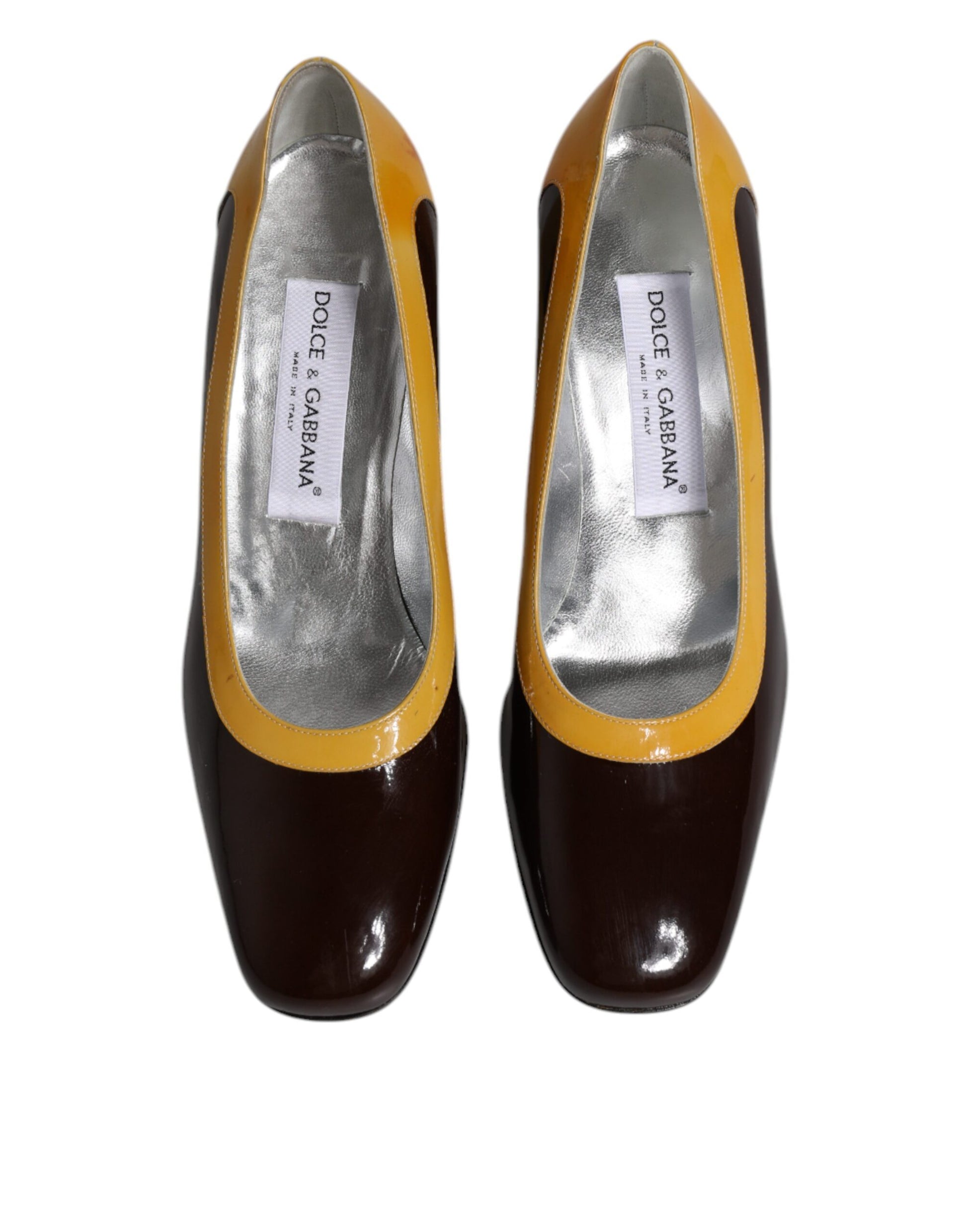 Yellow Brown Leather Block Heel Pumps Shoes