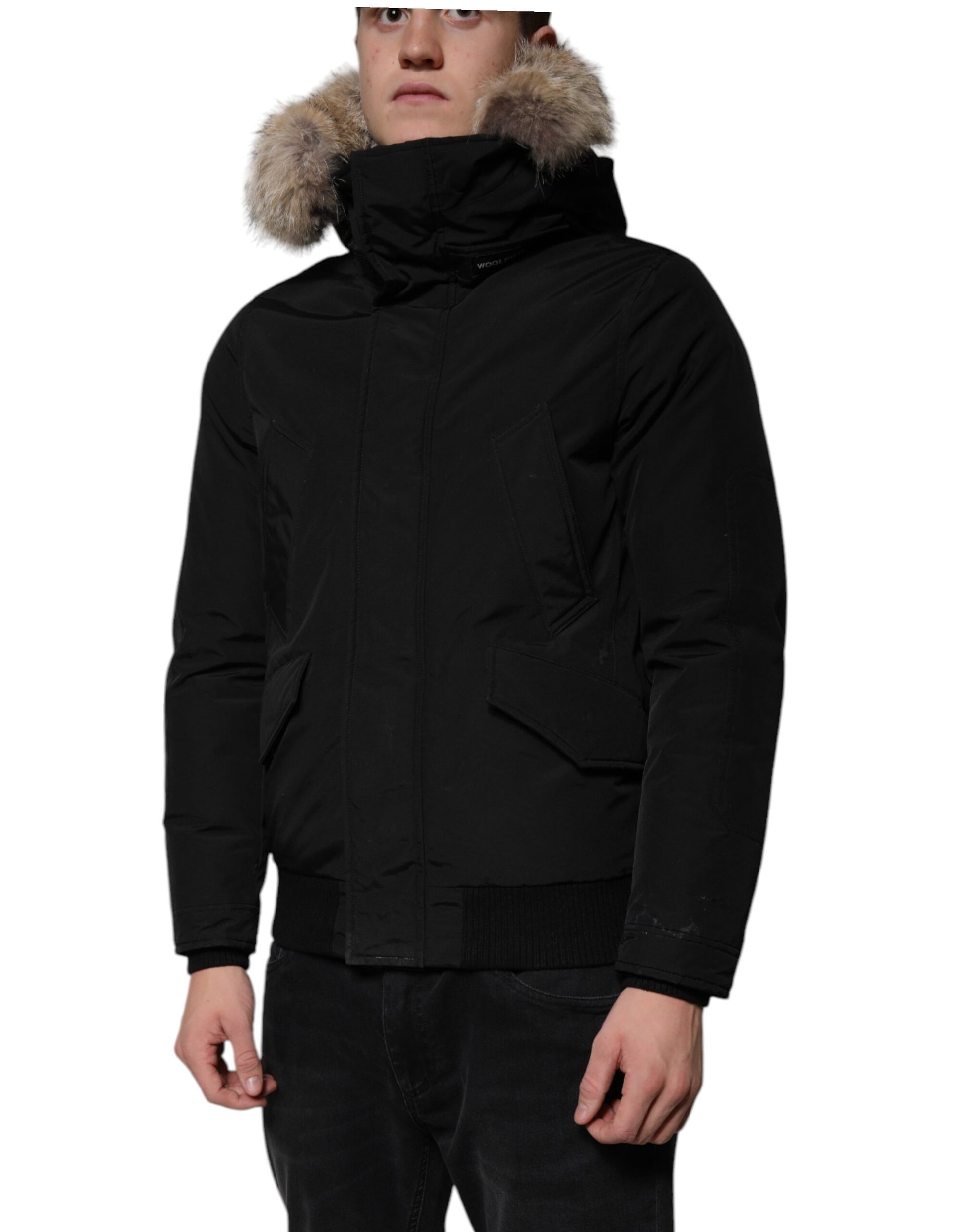 Black Hooded Long Sleeves Fur Shearling Coat Jacket
