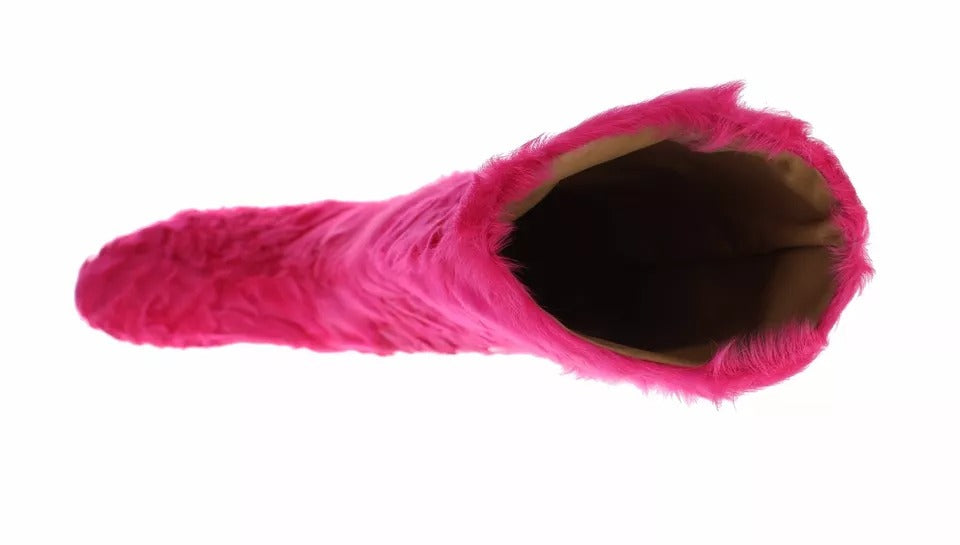 Pink Lamb Fur Leather Flat Boots Shoes