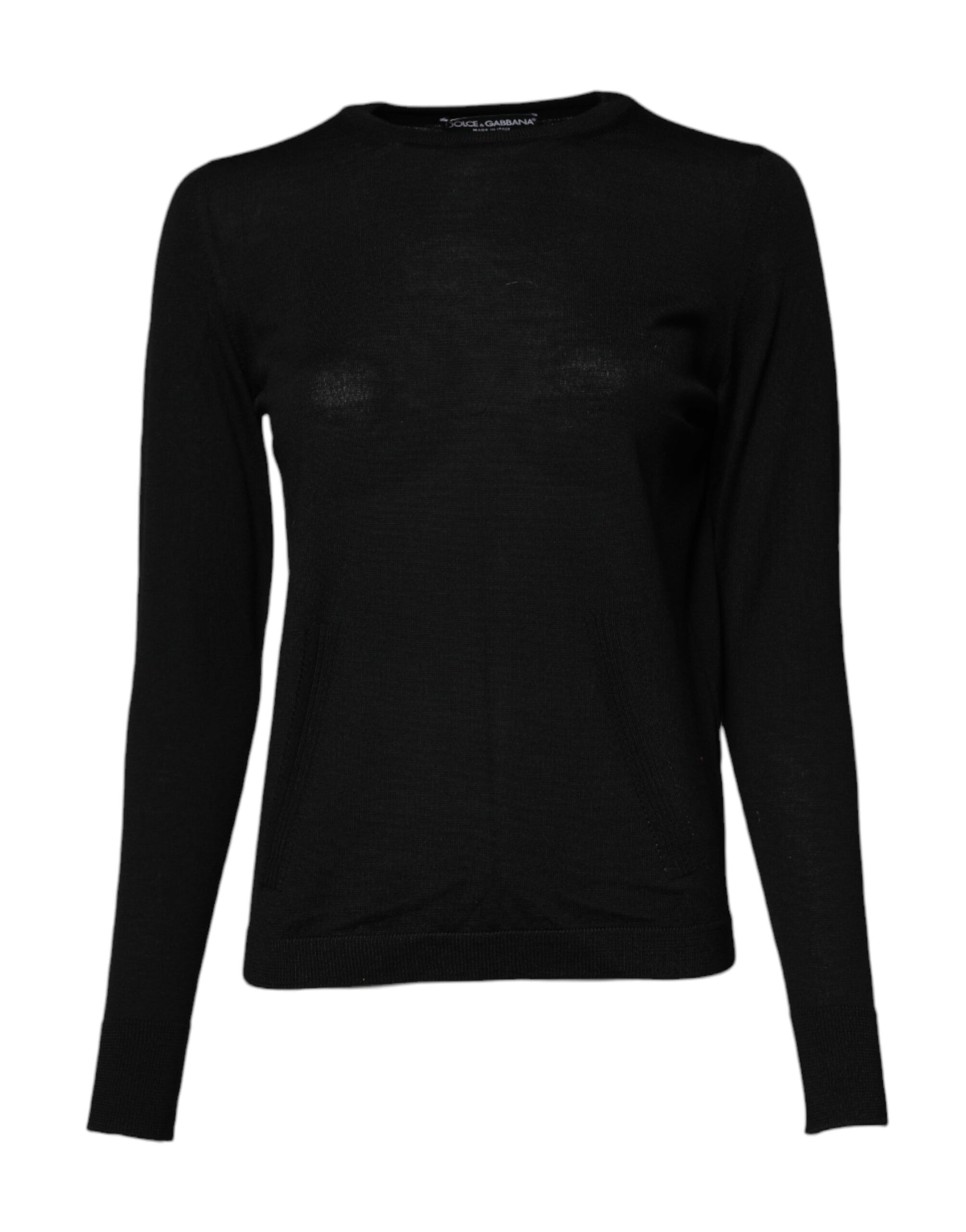 Black Wool Knit Crew Neck Pullover Sweater