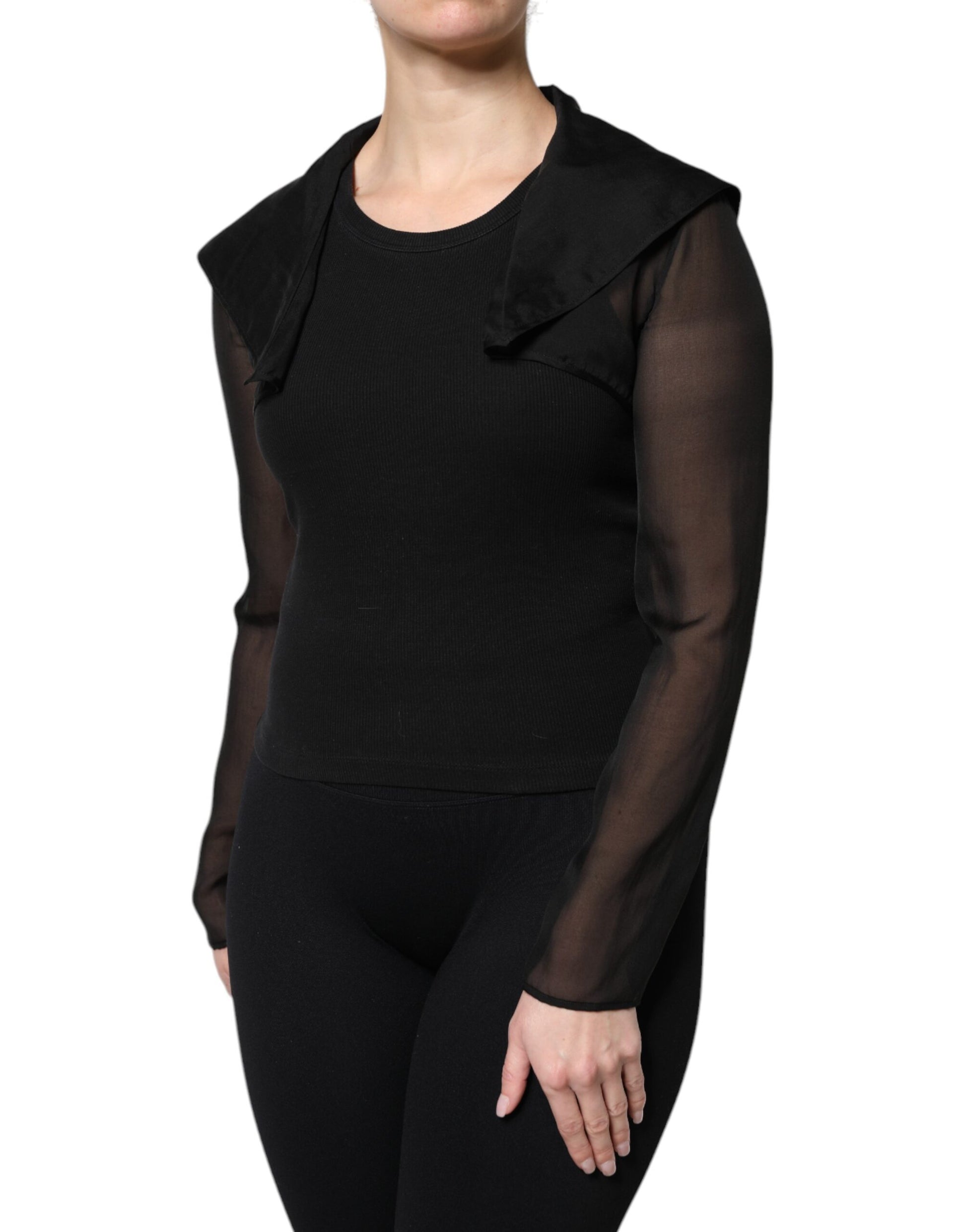 Black Silk Sheer Long Sleeves Blouse Top