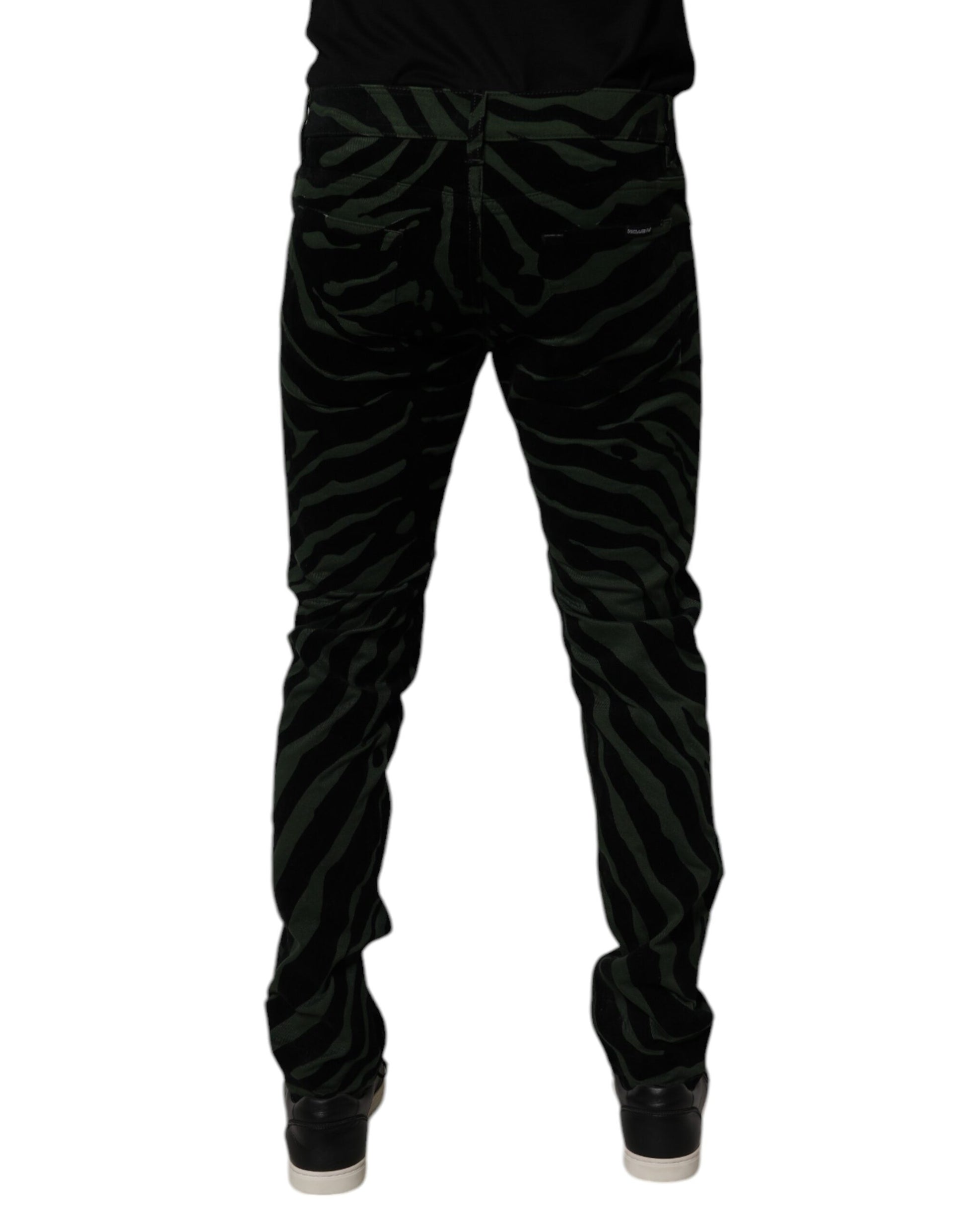 Black Green Stripes Cotton Skinny Denim Jeans