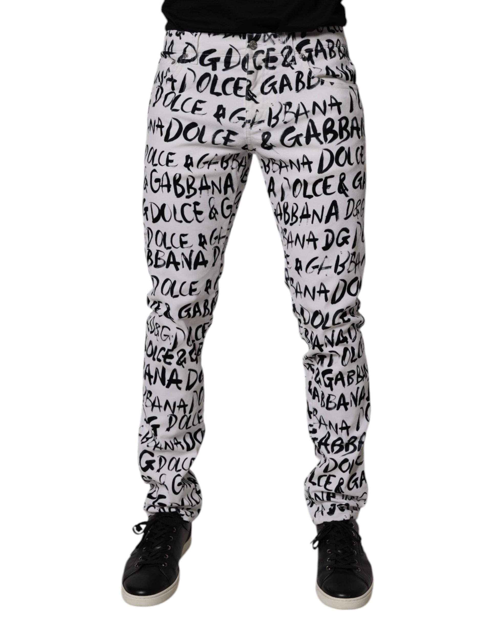 White Cotton Logo Print Skinny Denim Jeans