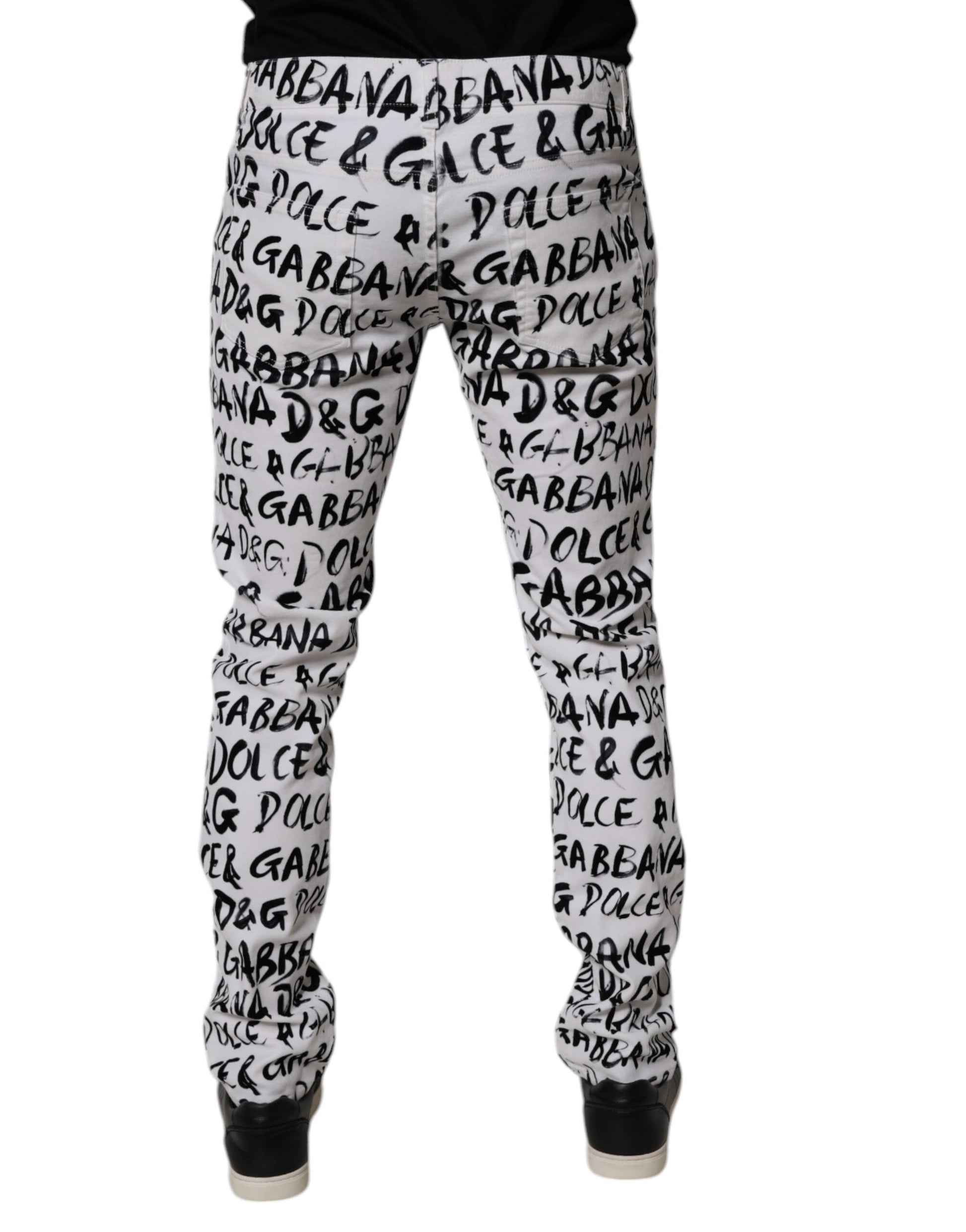 White Cotton Logo Print Skinny Denim Jeans