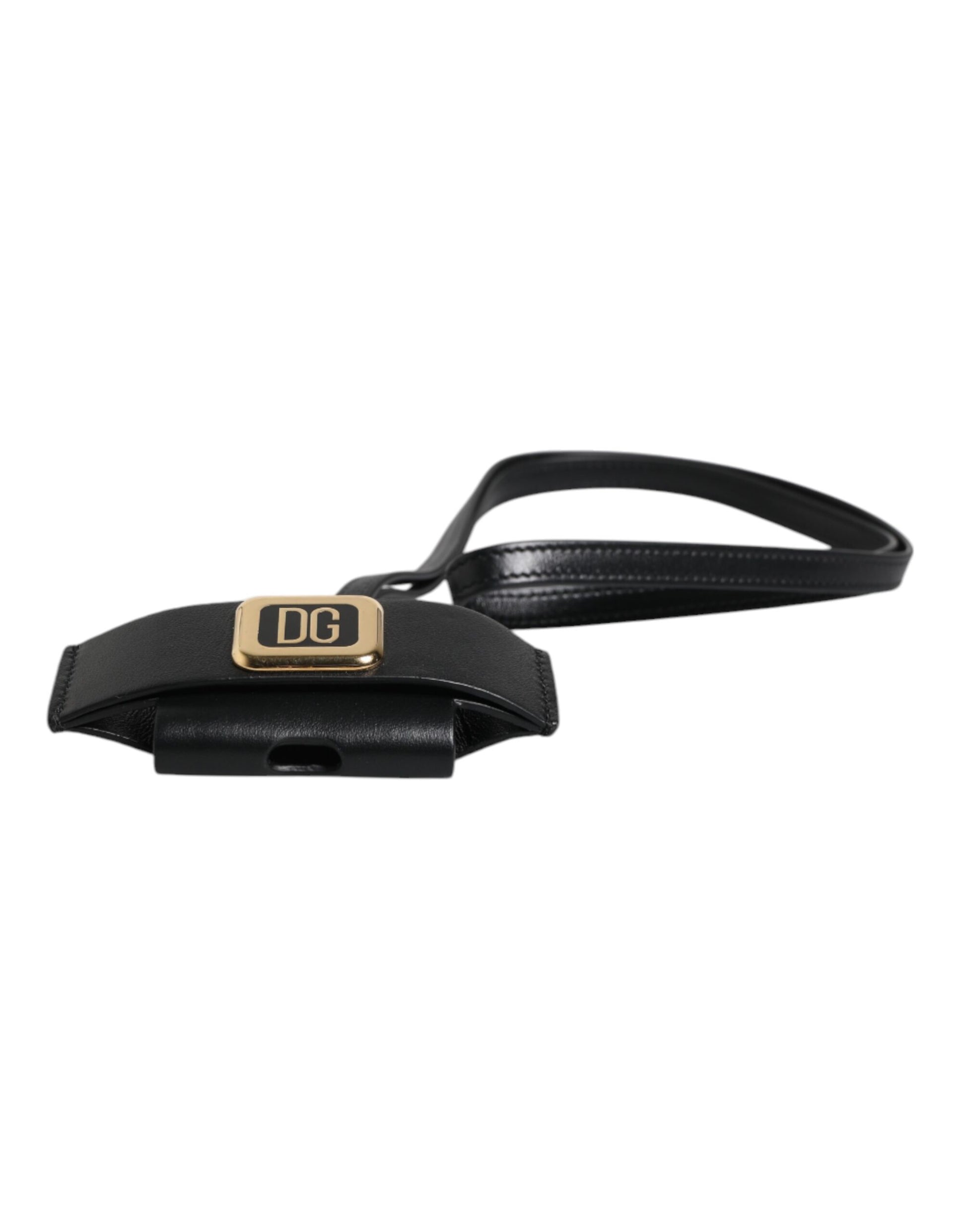 Black Leather Strap Gold Metal Logo Plaque Airpods Case