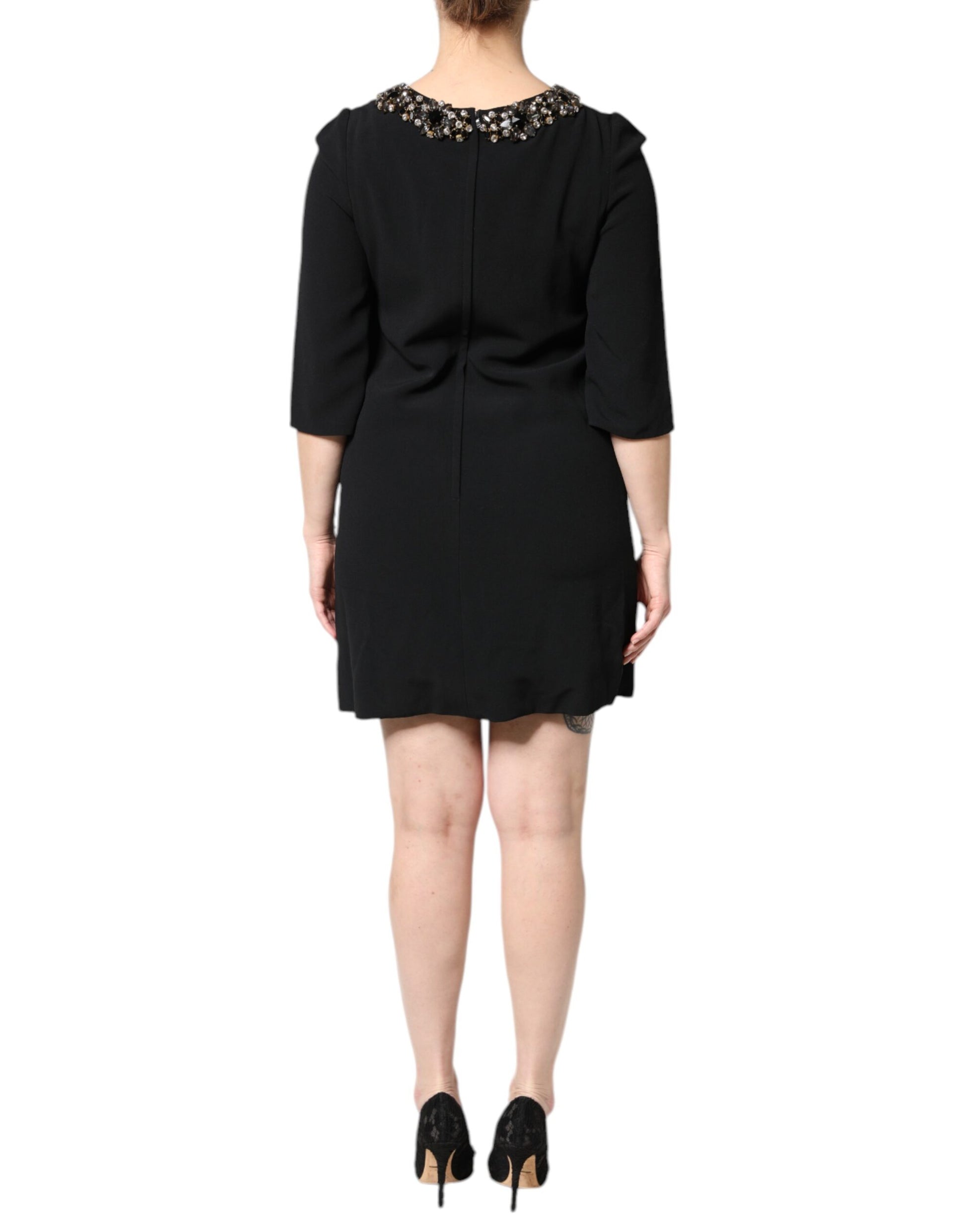 Black Crystal Embellished Round Neck Mini Dress